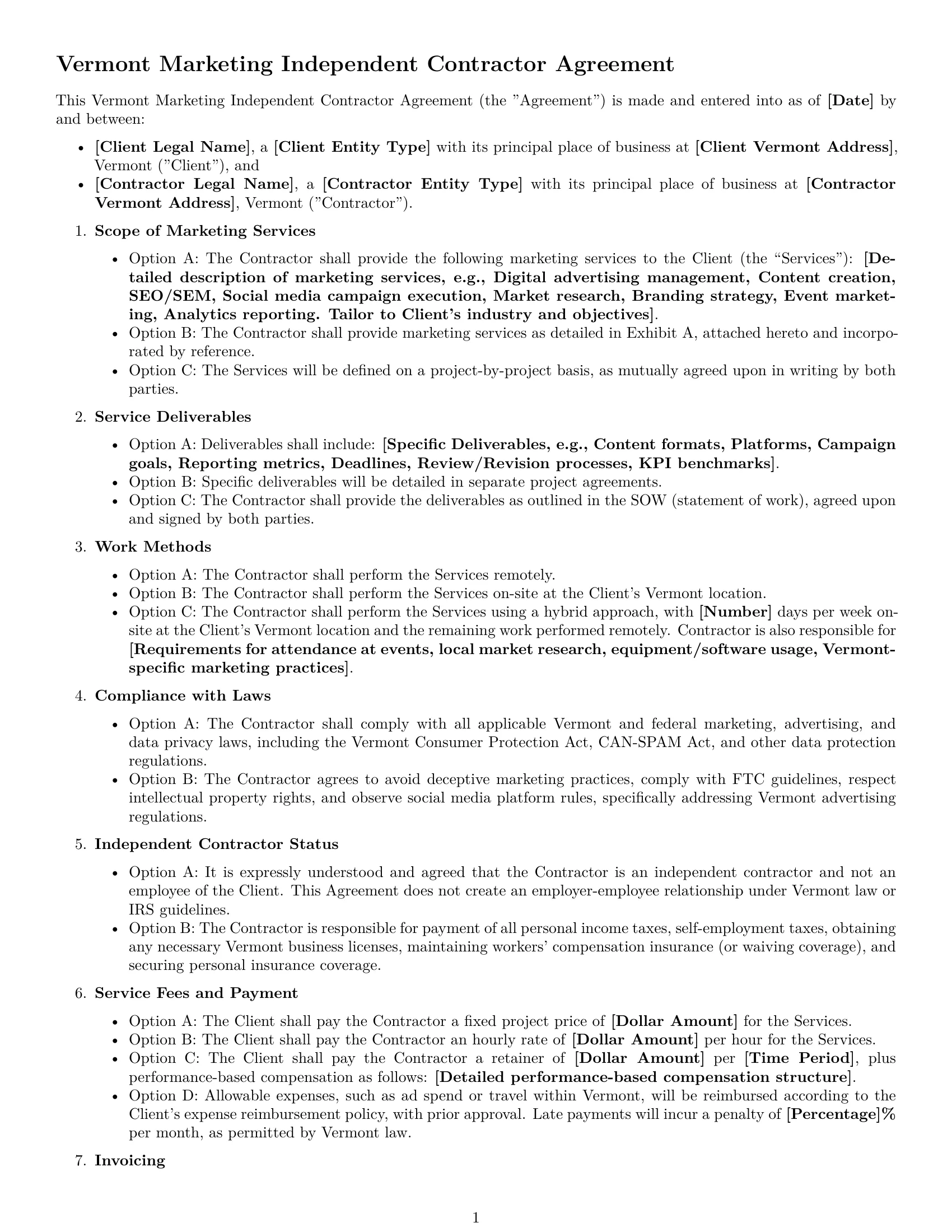Preview page 1 of Free Vermont marketing independent contractor agreement template