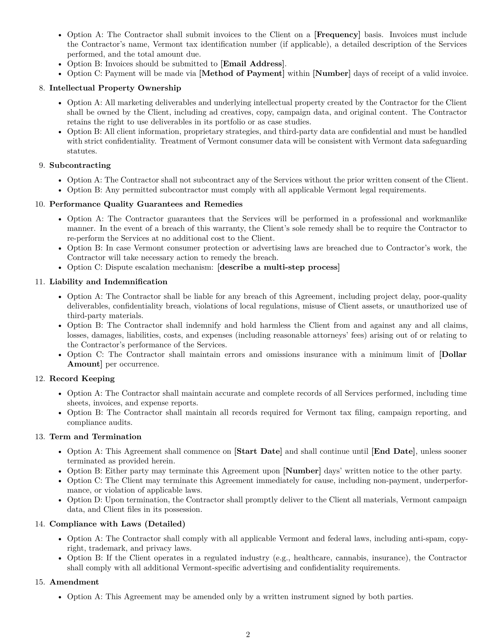 Preview page 2 of Free Vermont marketing independent contractor agreement template