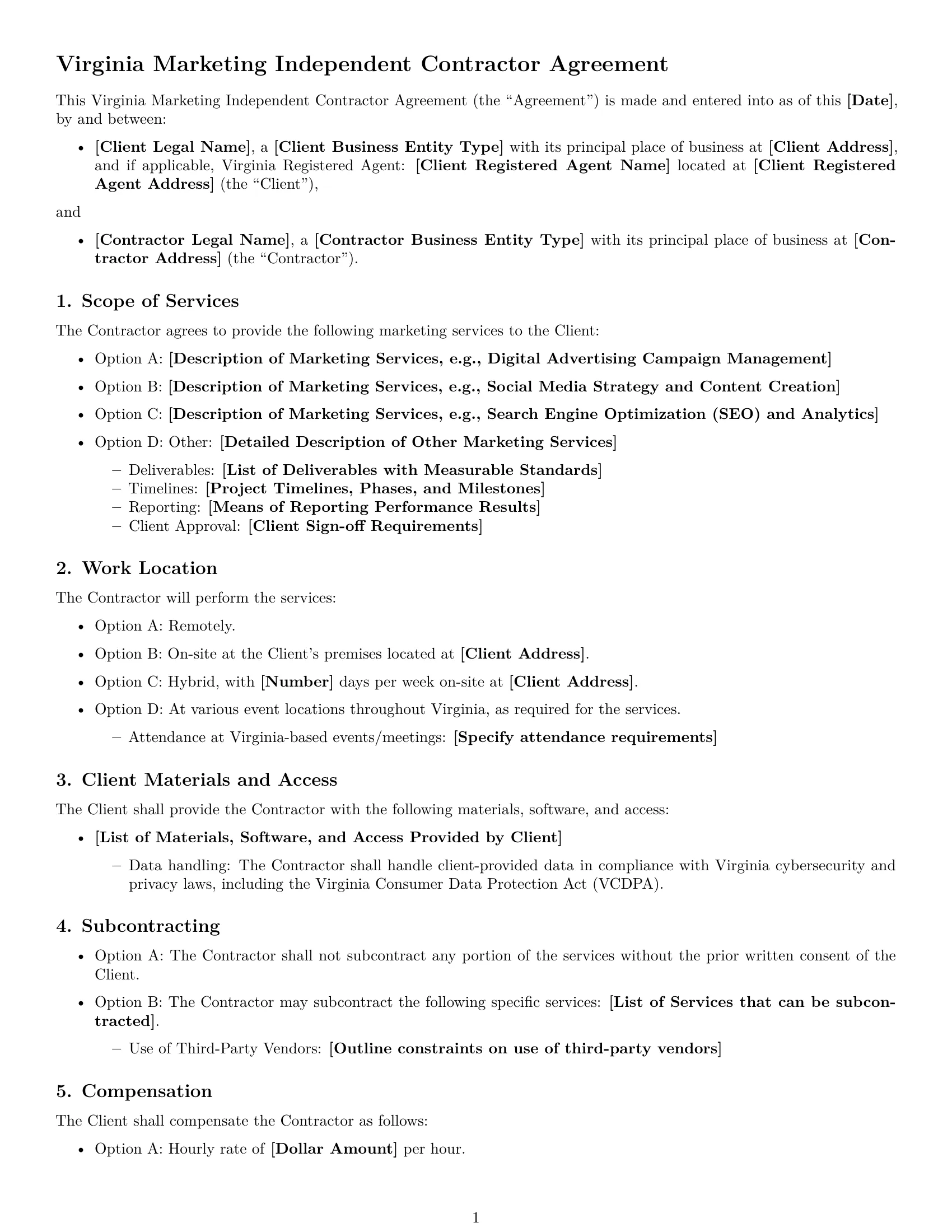 Preview page 1 of Free Virginia marketing independent contractor agreement template