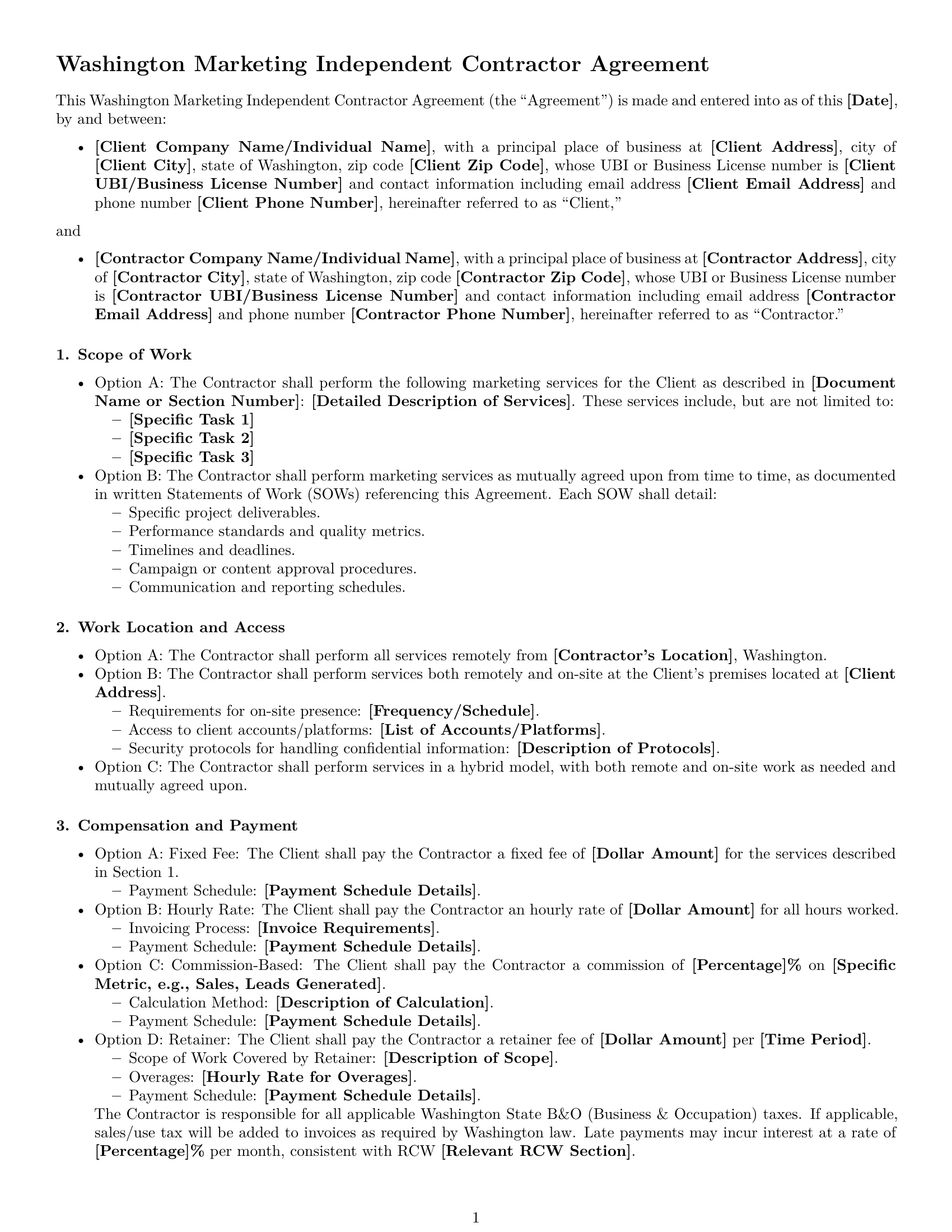 Preview page 1 of Free Washington marketing independent contractor agreement template