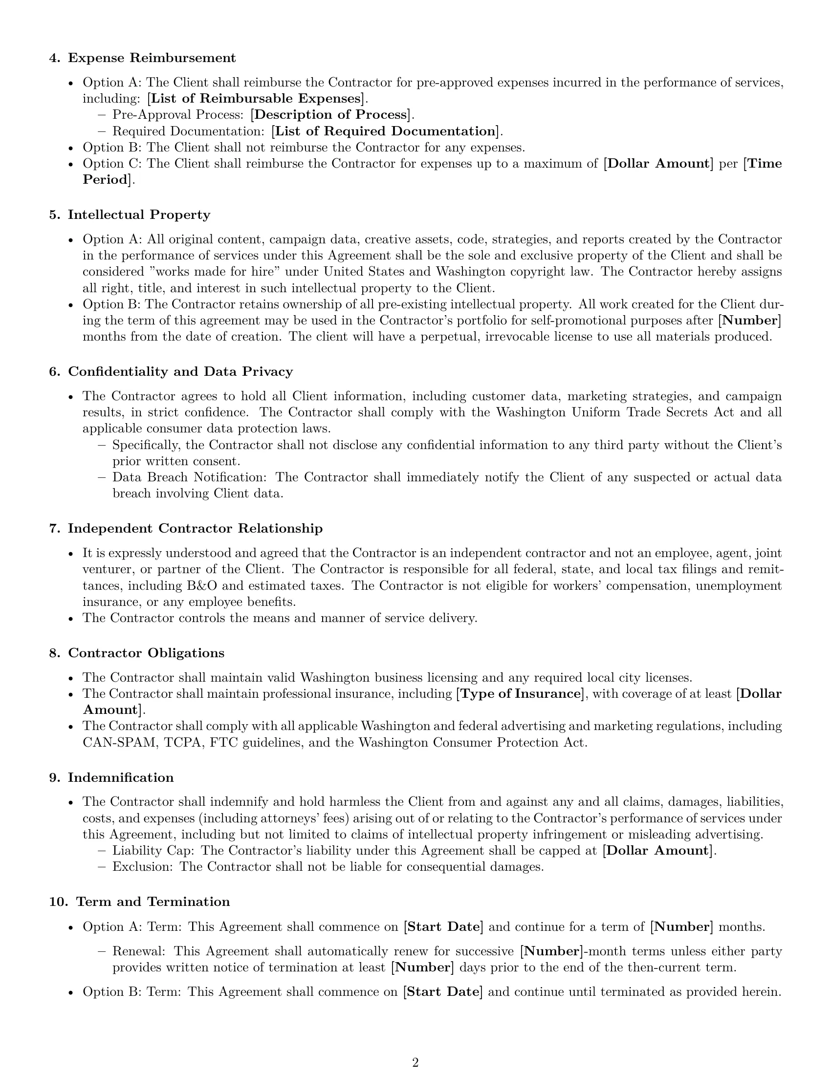 Preview page 2 of Free Washington marketing independent contractor agreement template