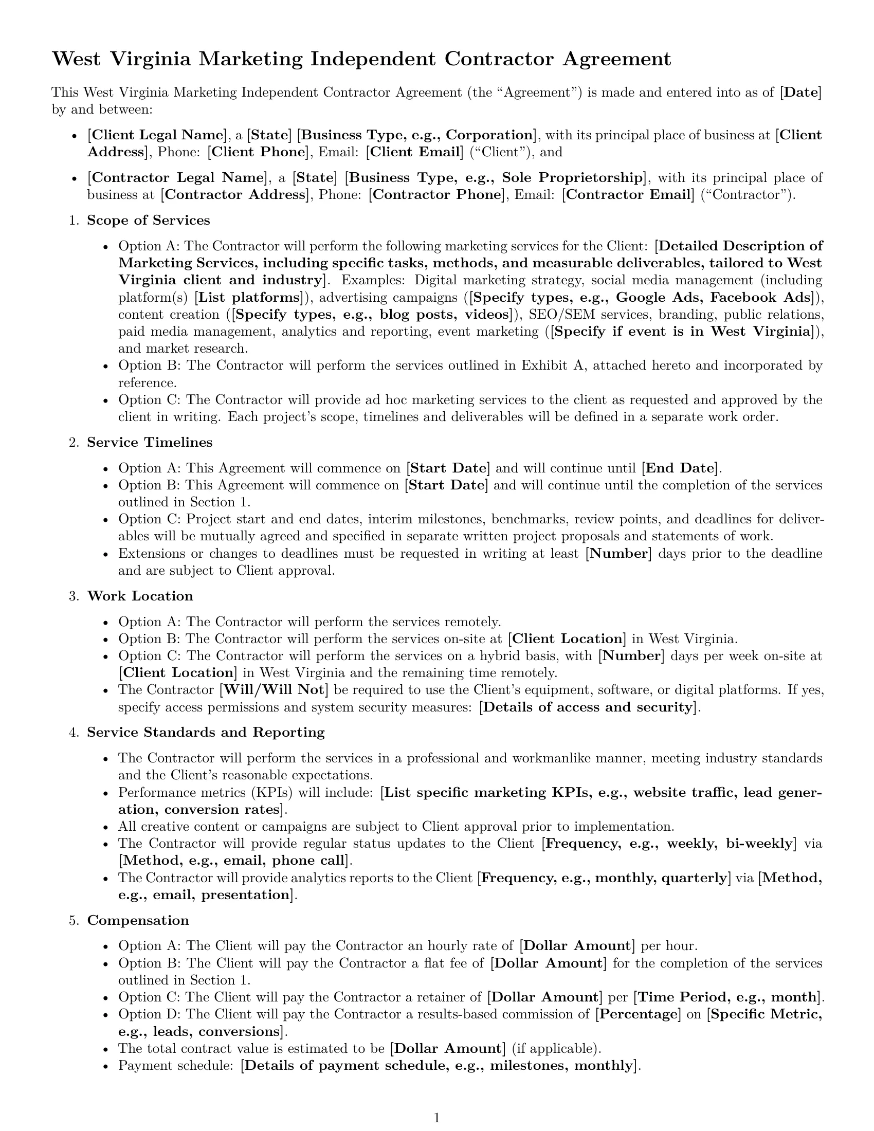 Preview page 1 of Free West Virginia marketing independent contractor agreement template