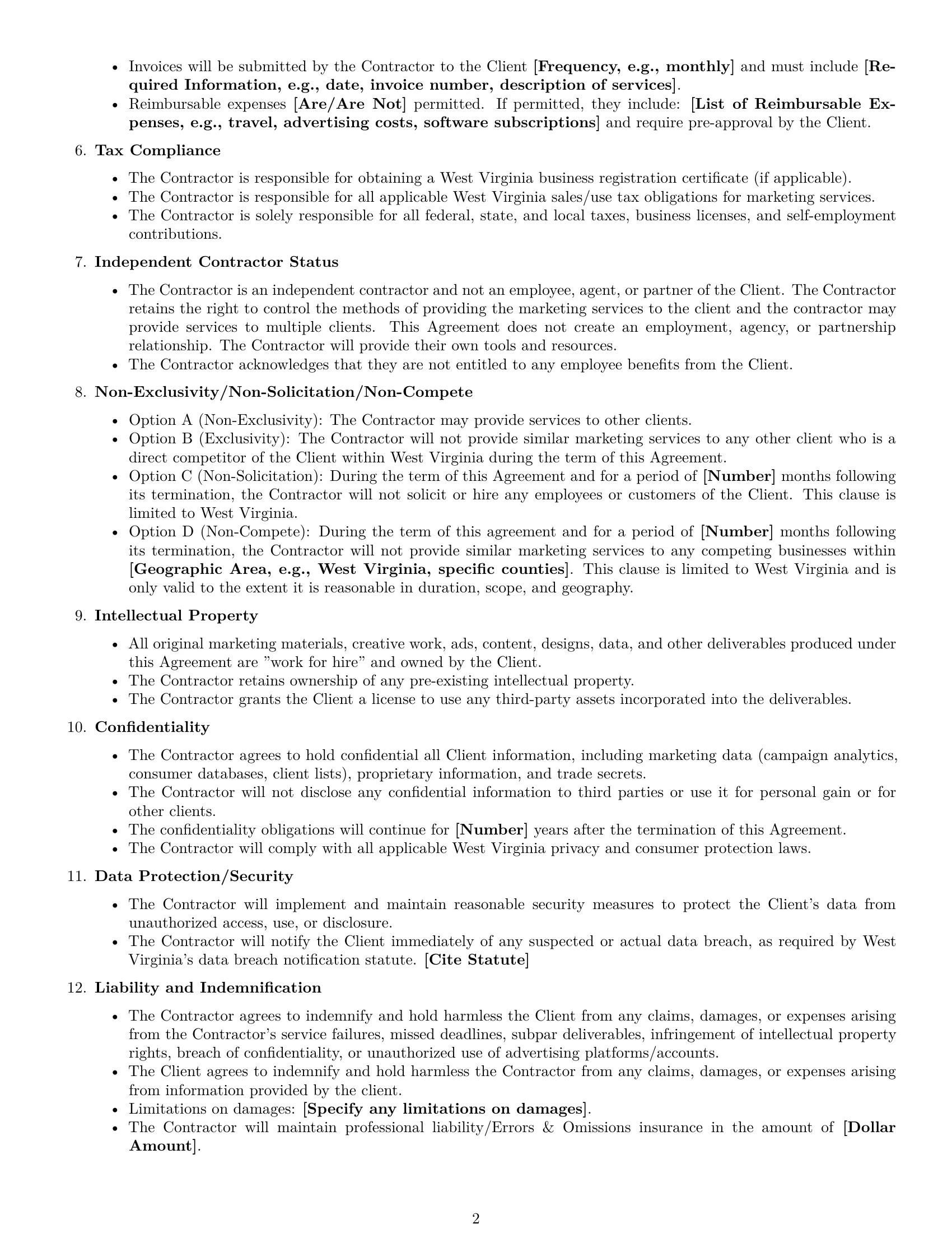 Preview page 2 of Free West Virginia marketing independent contractor agreement template