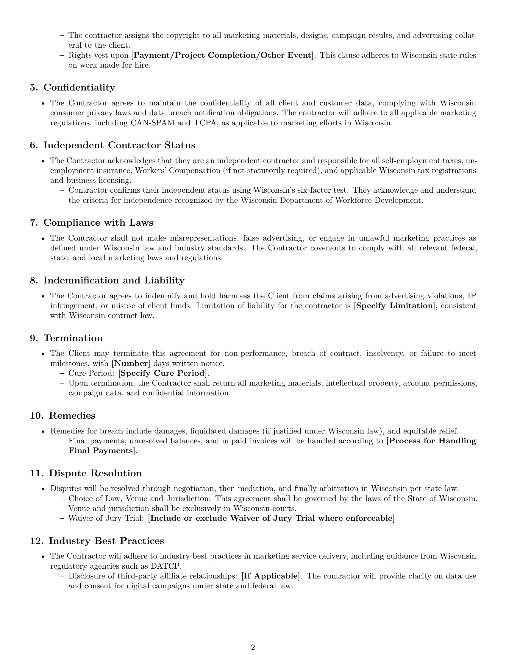Preview page 2 of Free Wisconsin marketing independent contractor agreement template
