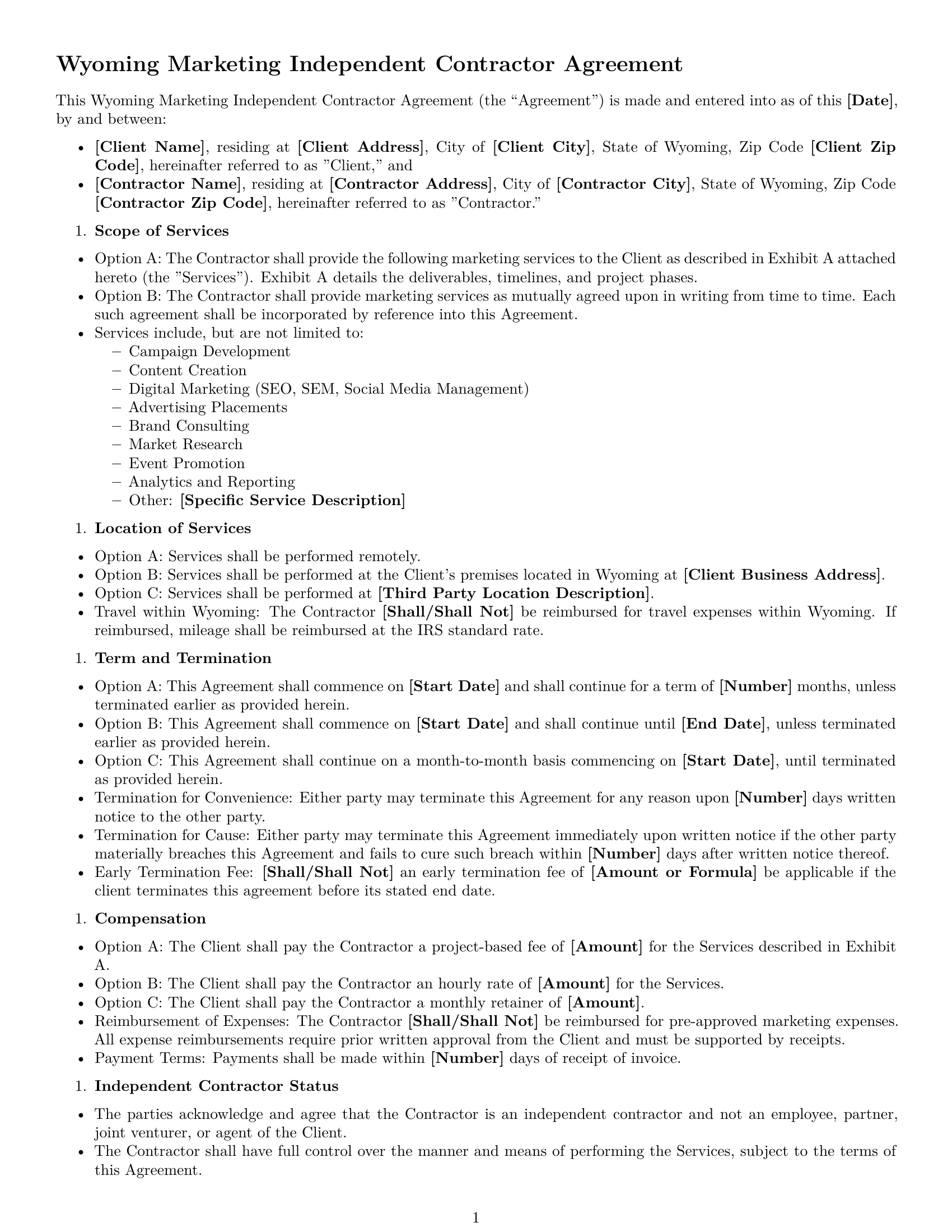 Preview page 1 of Free Wyoming marketing independent contractor agreement template