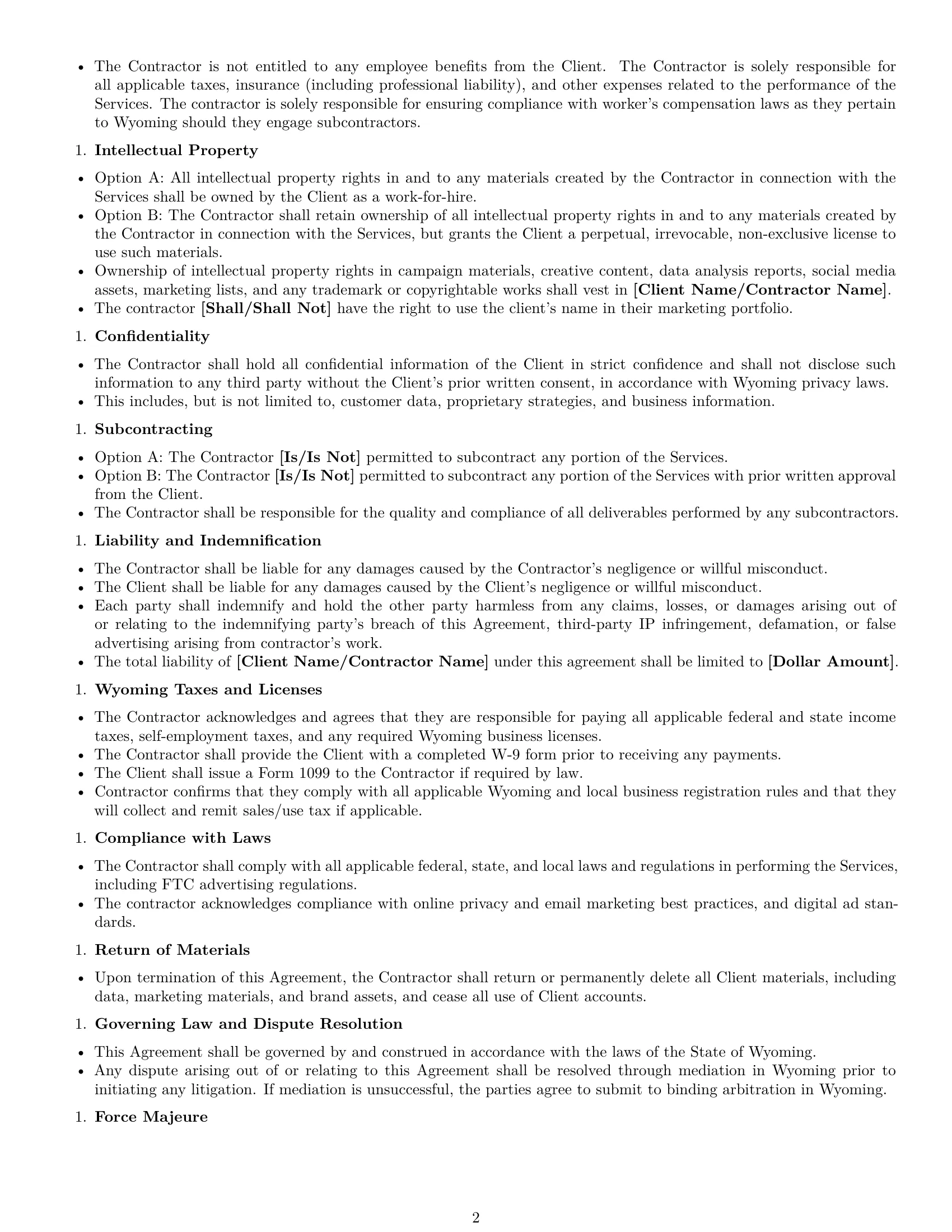 Preview page 2 of Free Wyoming marketing independent contractor agreement template