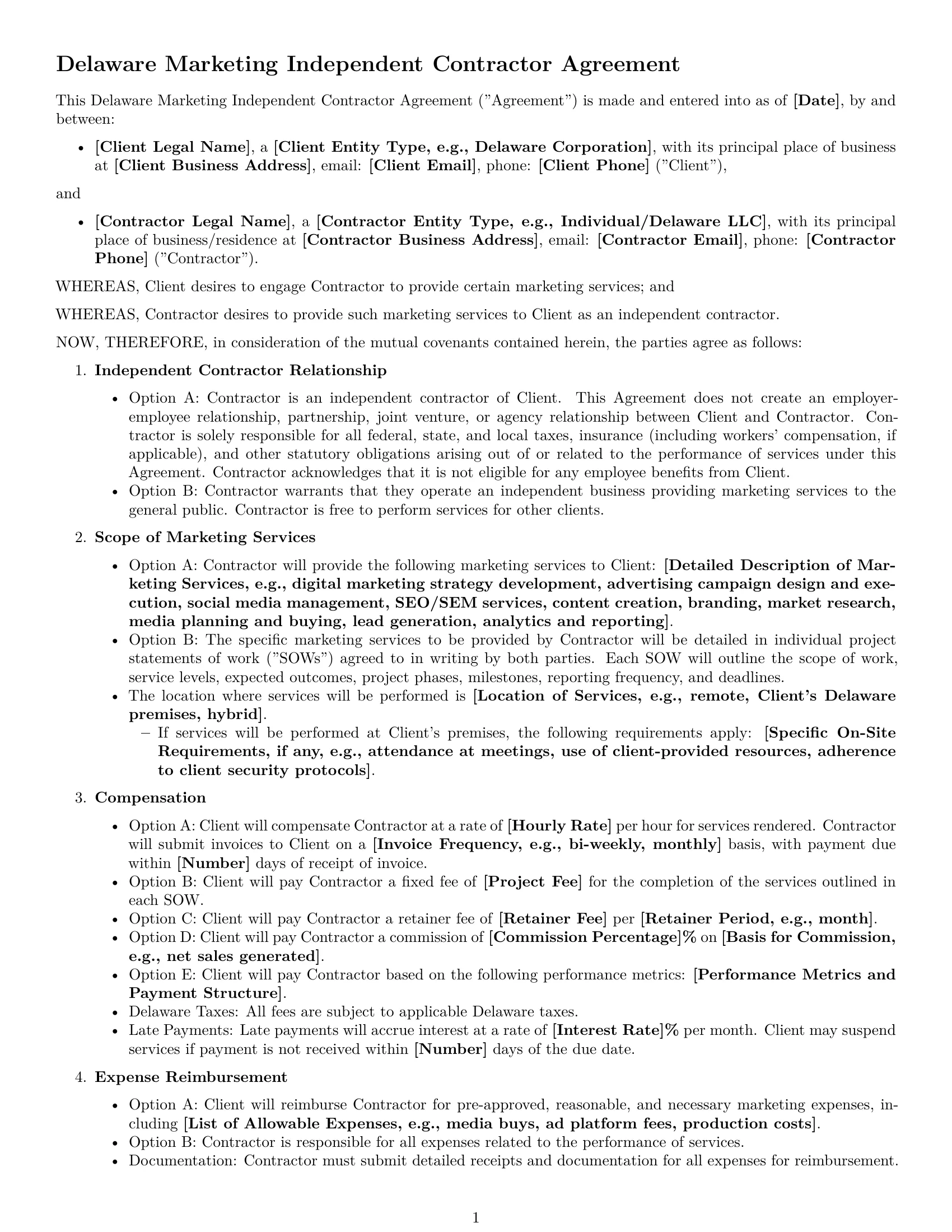 Preview page 1 of Free Delaware marketing independent contractor agreement template