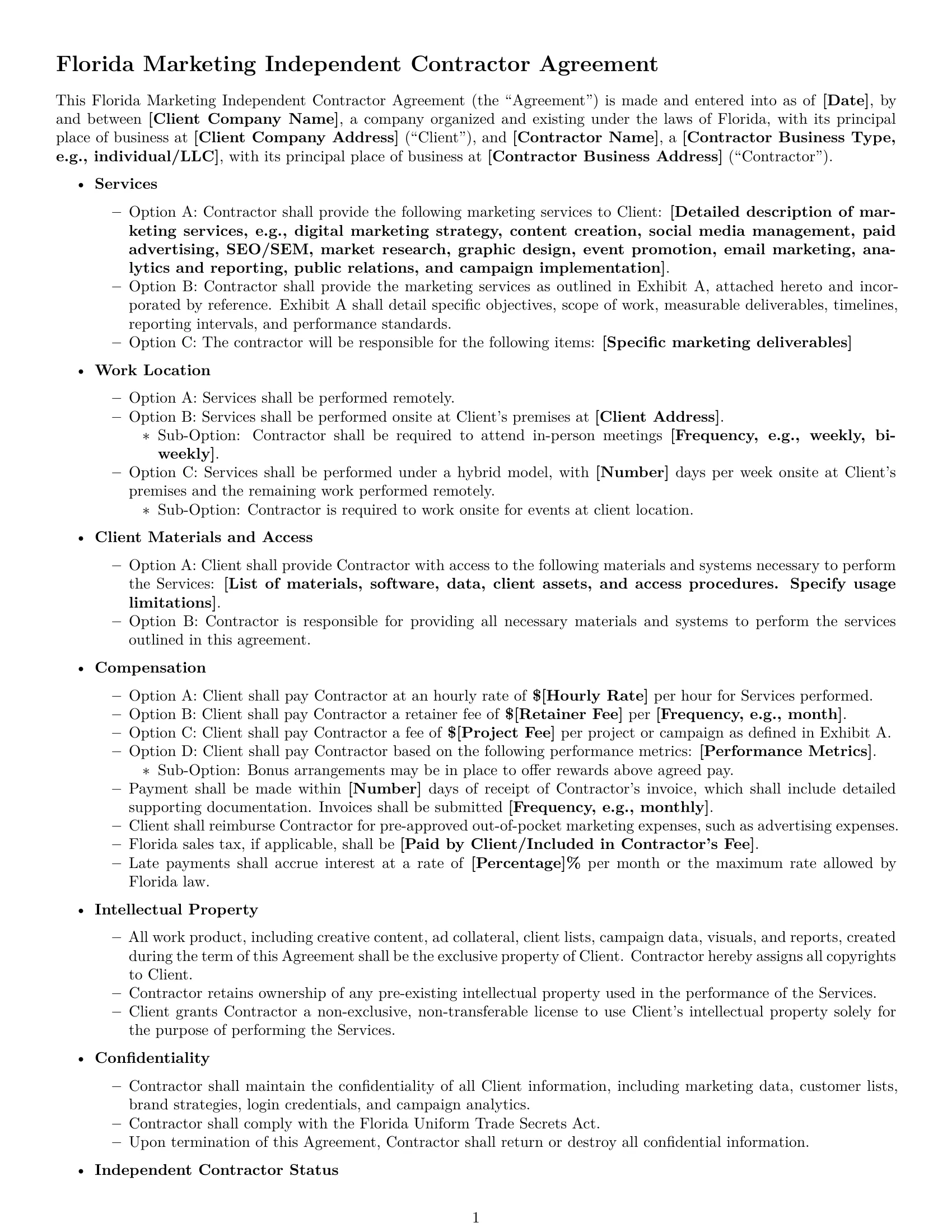 Preview page 1 of Free Florida marketing independent contractor agreement template