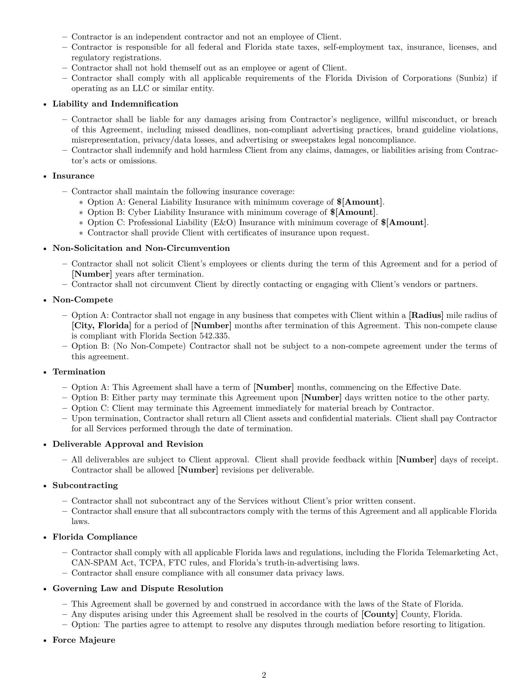 Preview page 2 of Free Florida marketing independent contractor agreement template