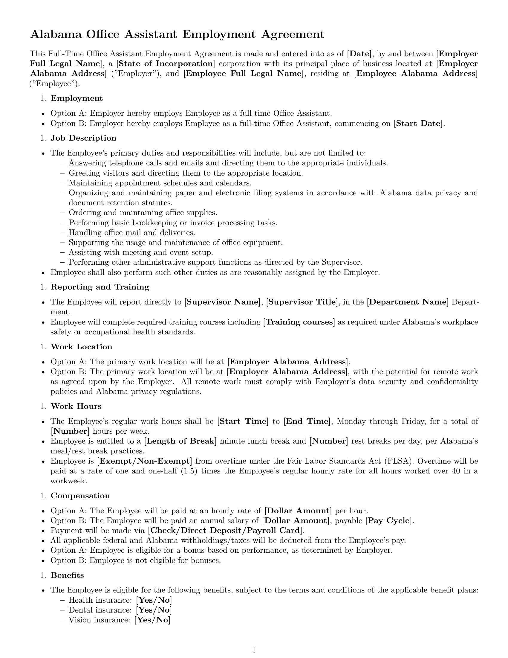 Preview page 1 of Free Alabama office assistant employment contract template