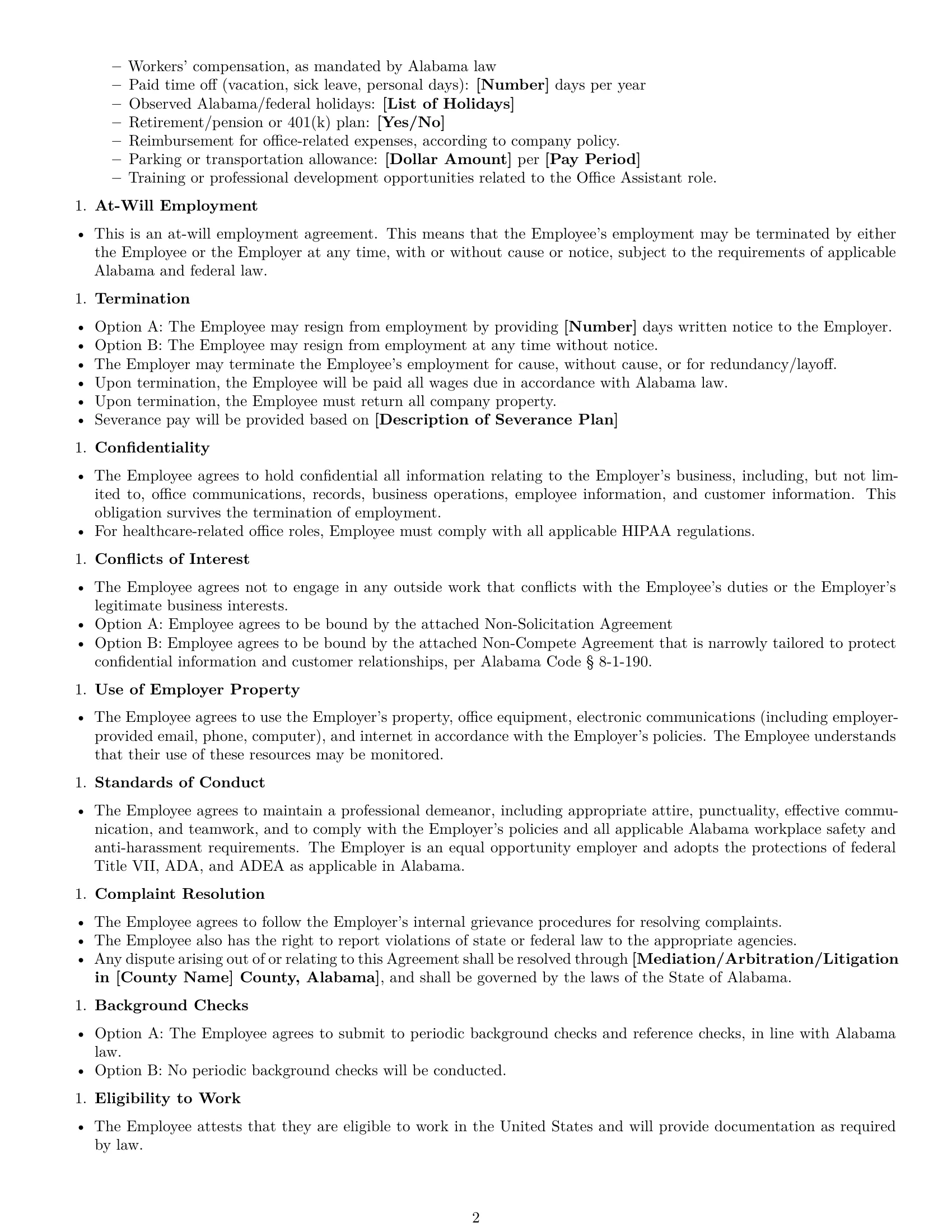 Preview page 2 of Free Alabama office assistant employment contract template