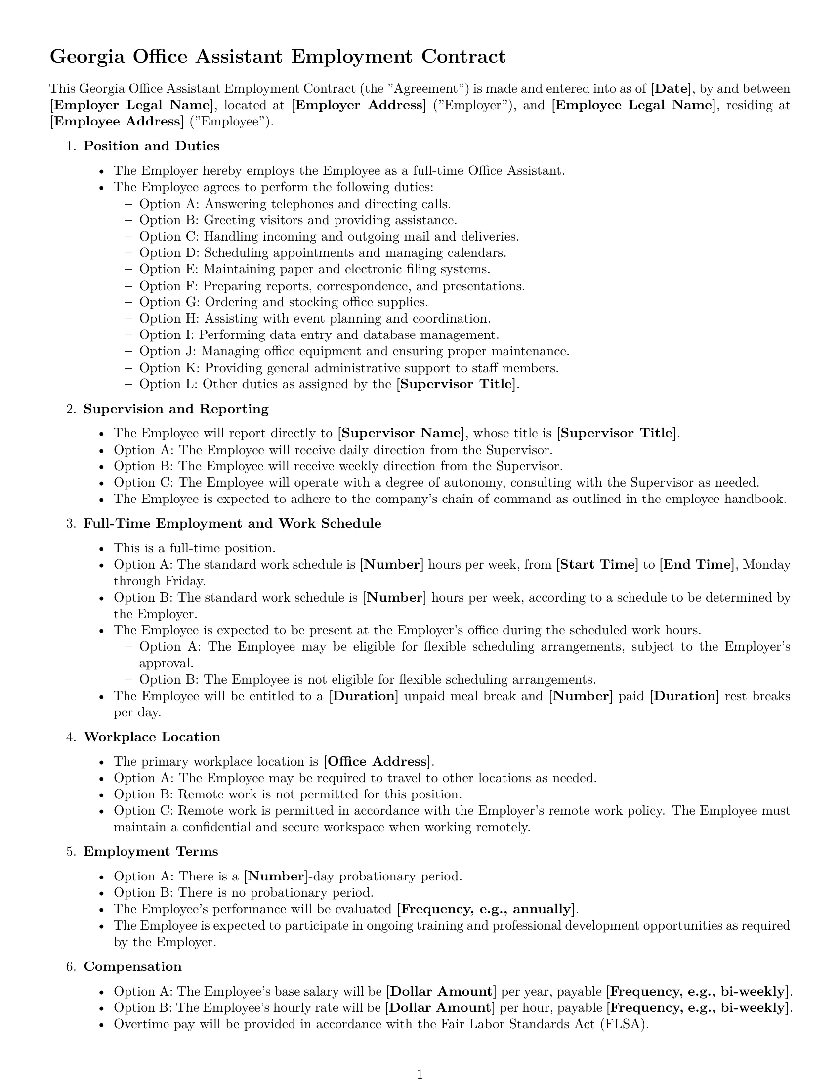 Preview page 1 of Free Georgia office assistant employment contract template