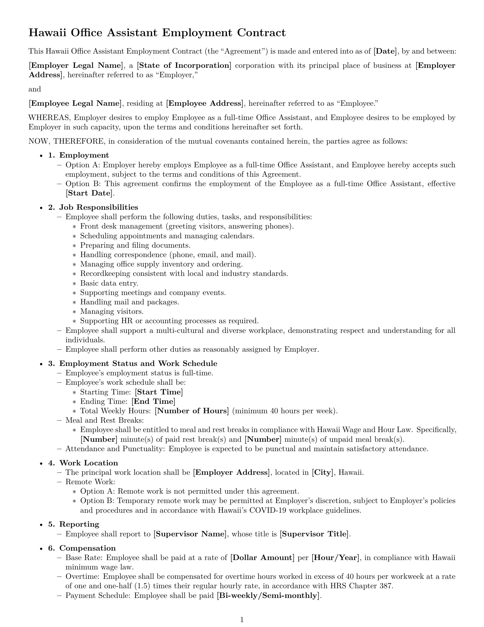 Preview page 1 of Free Hawaii office assistant employment contract template