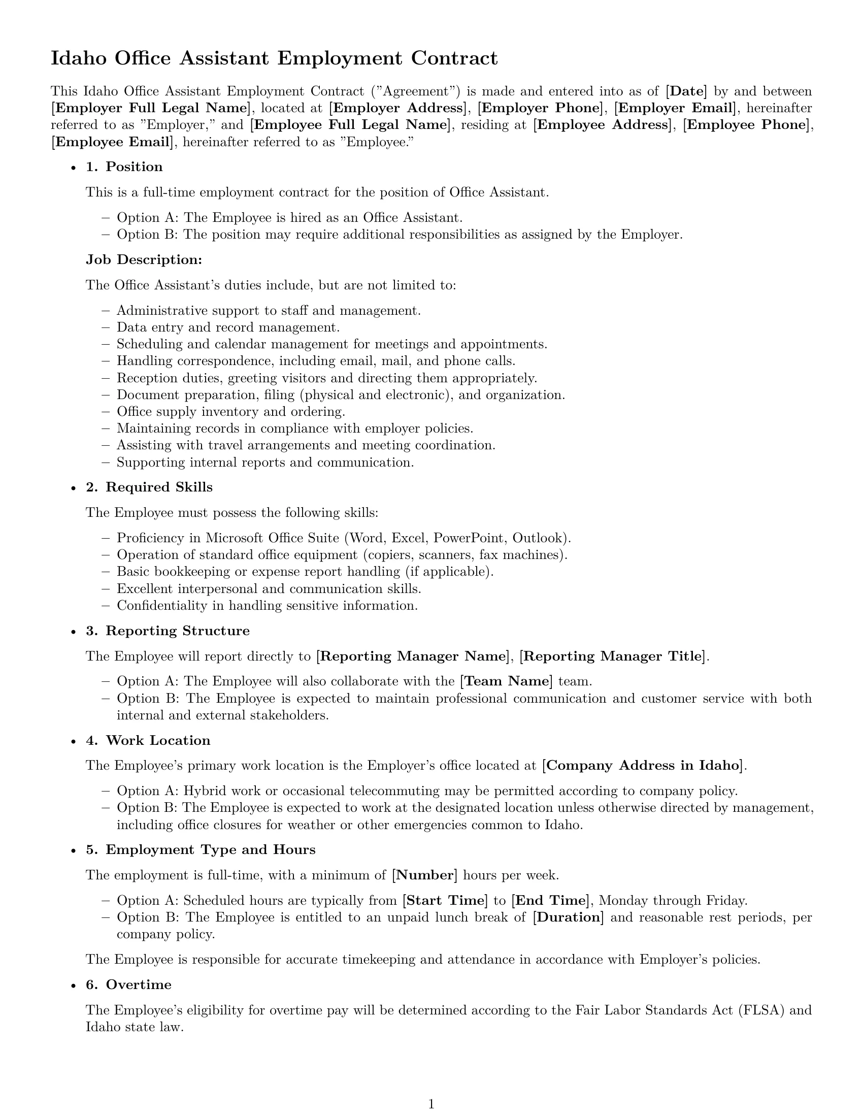 Preview page 1 of Free Idaho office assistant employment contract template
