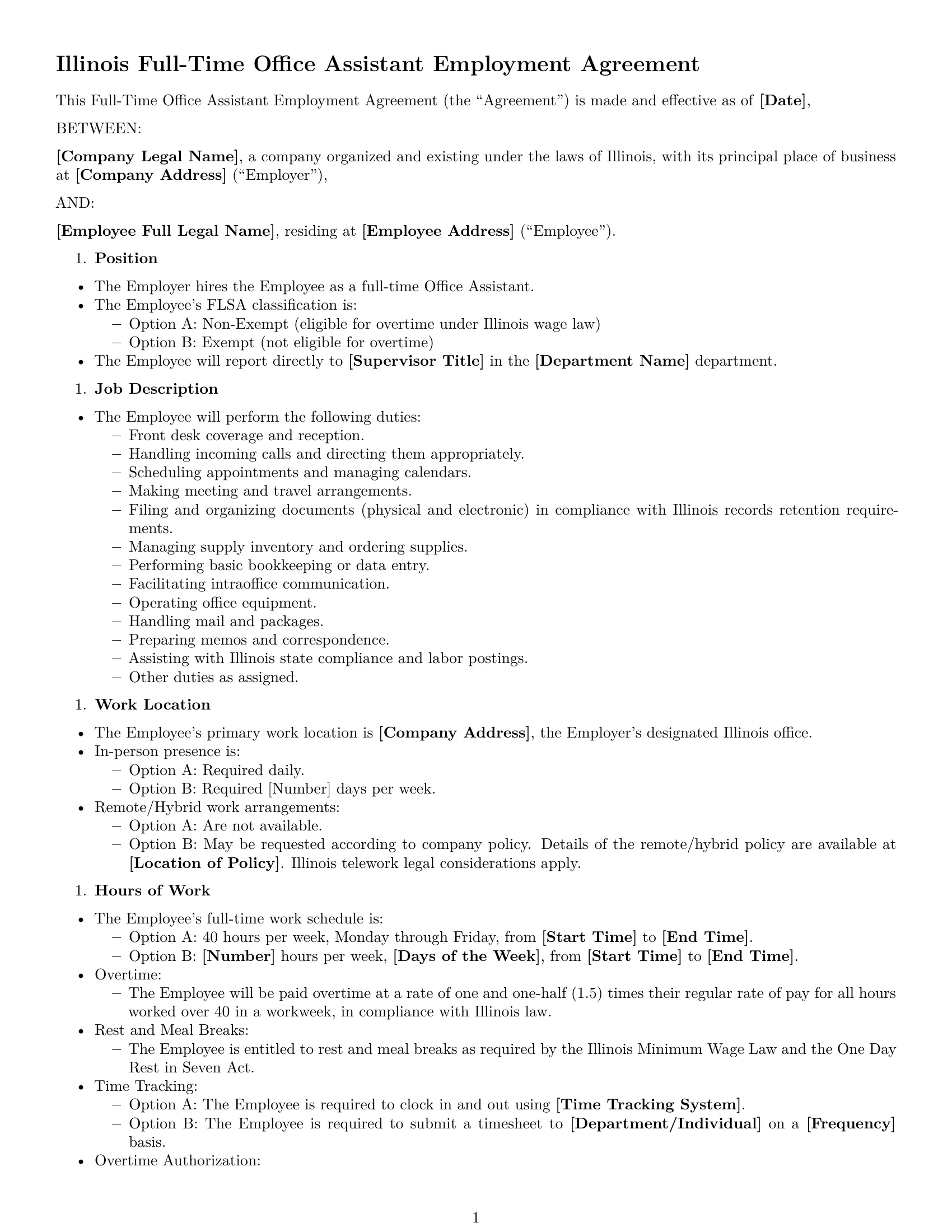 Preview page 1 of Free Illinois office assistant employment contract template