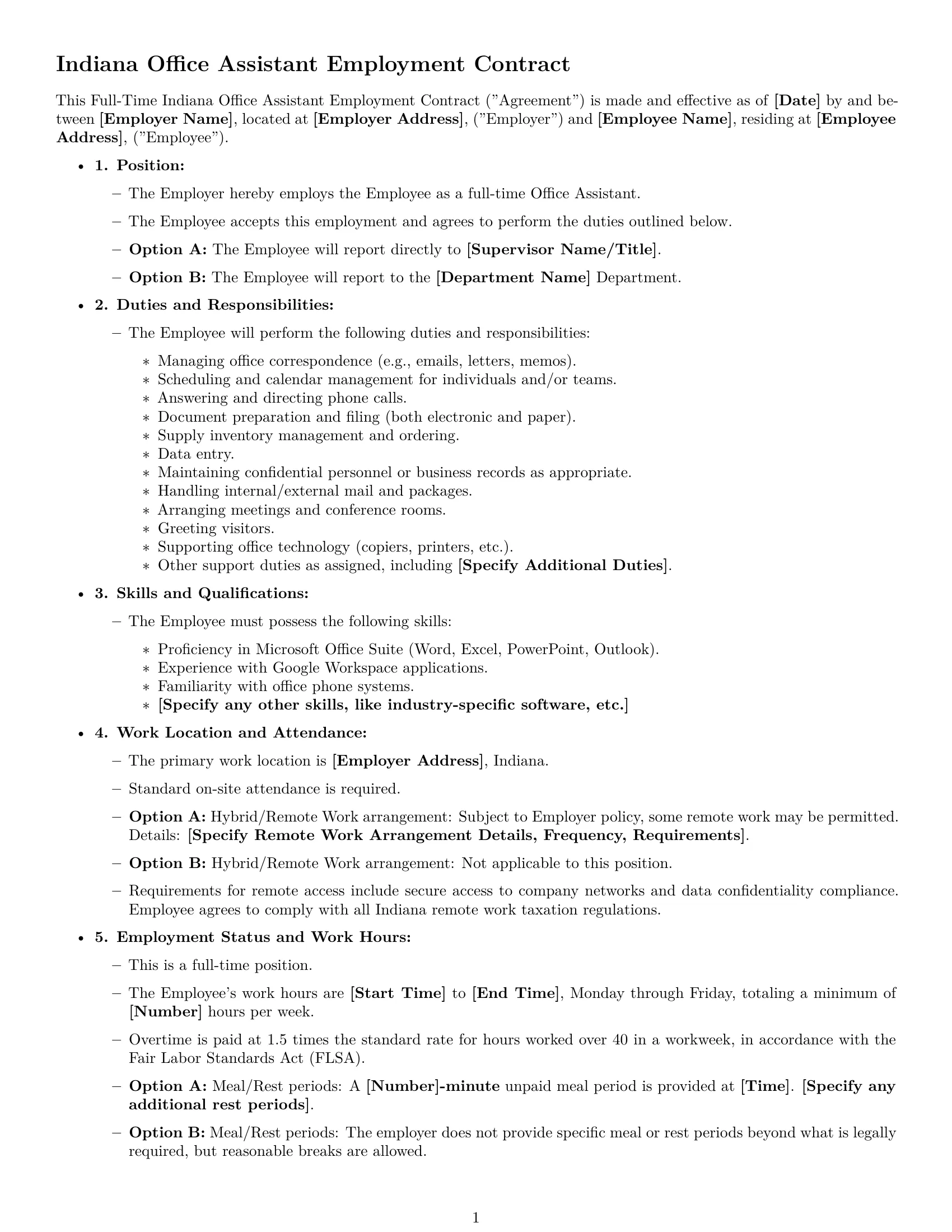 Preview page 1 of Free Indiana office assistant employment contract template