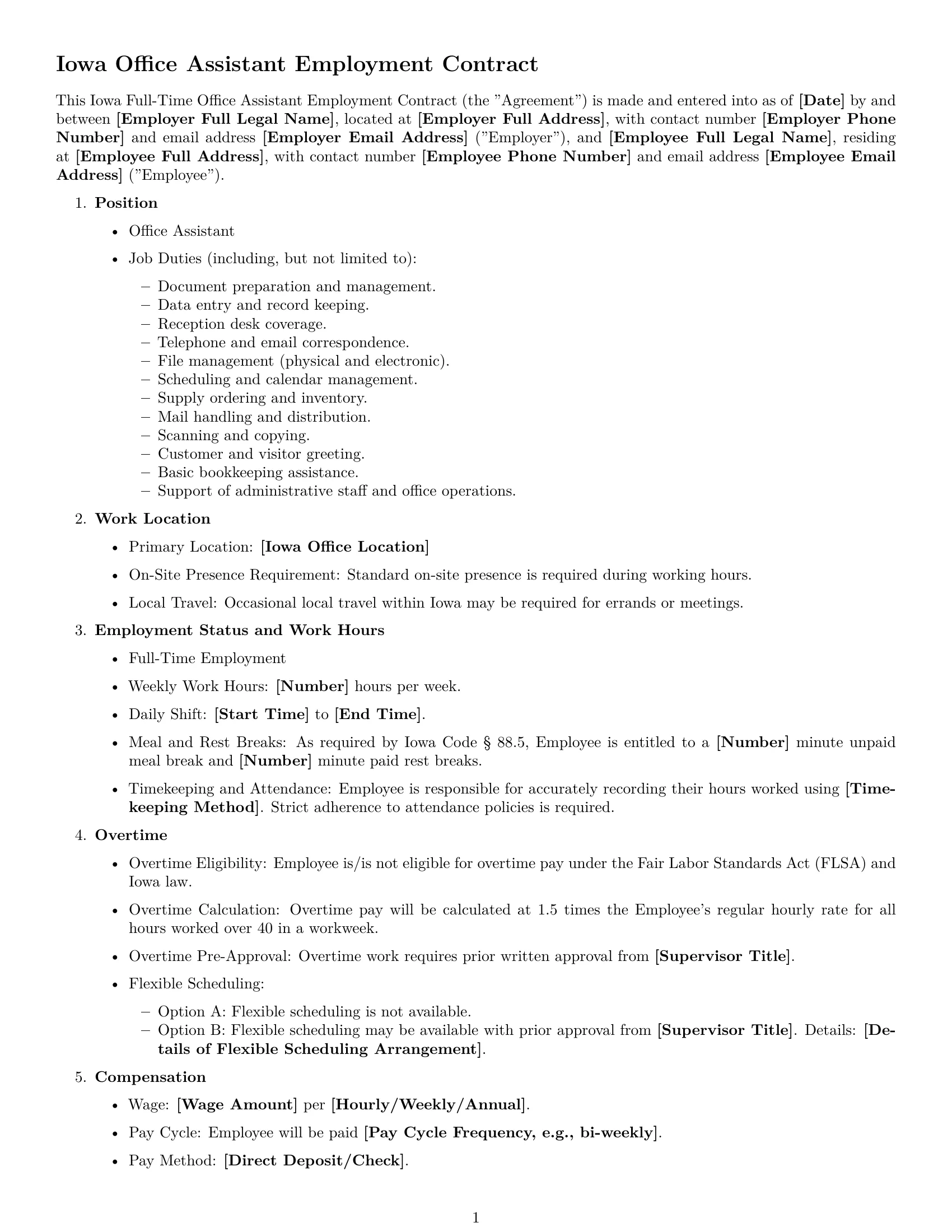 Preview page 1 of Free Iowa office assistant employment contract template