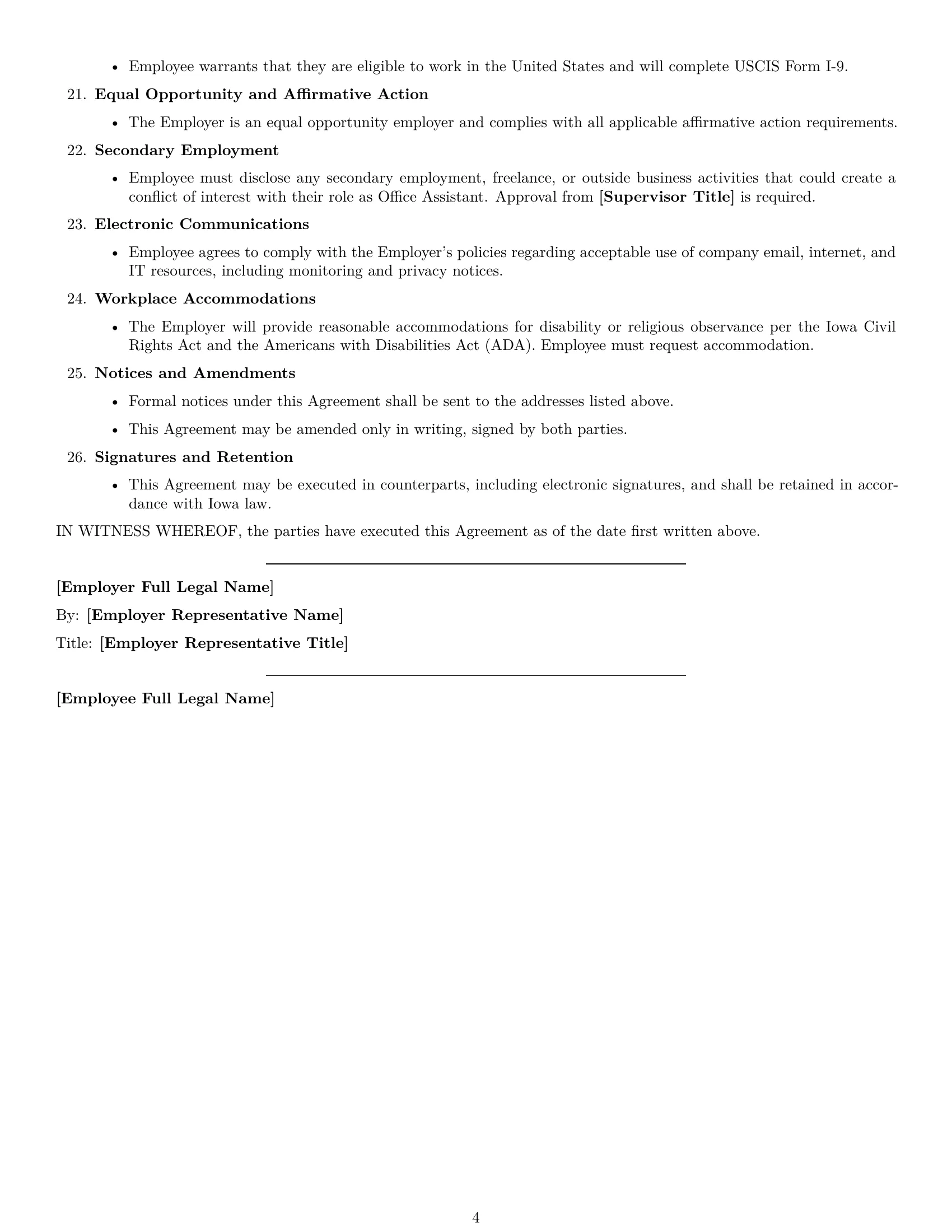 Preview page 4 of Free Iowa office assistant employment contract template