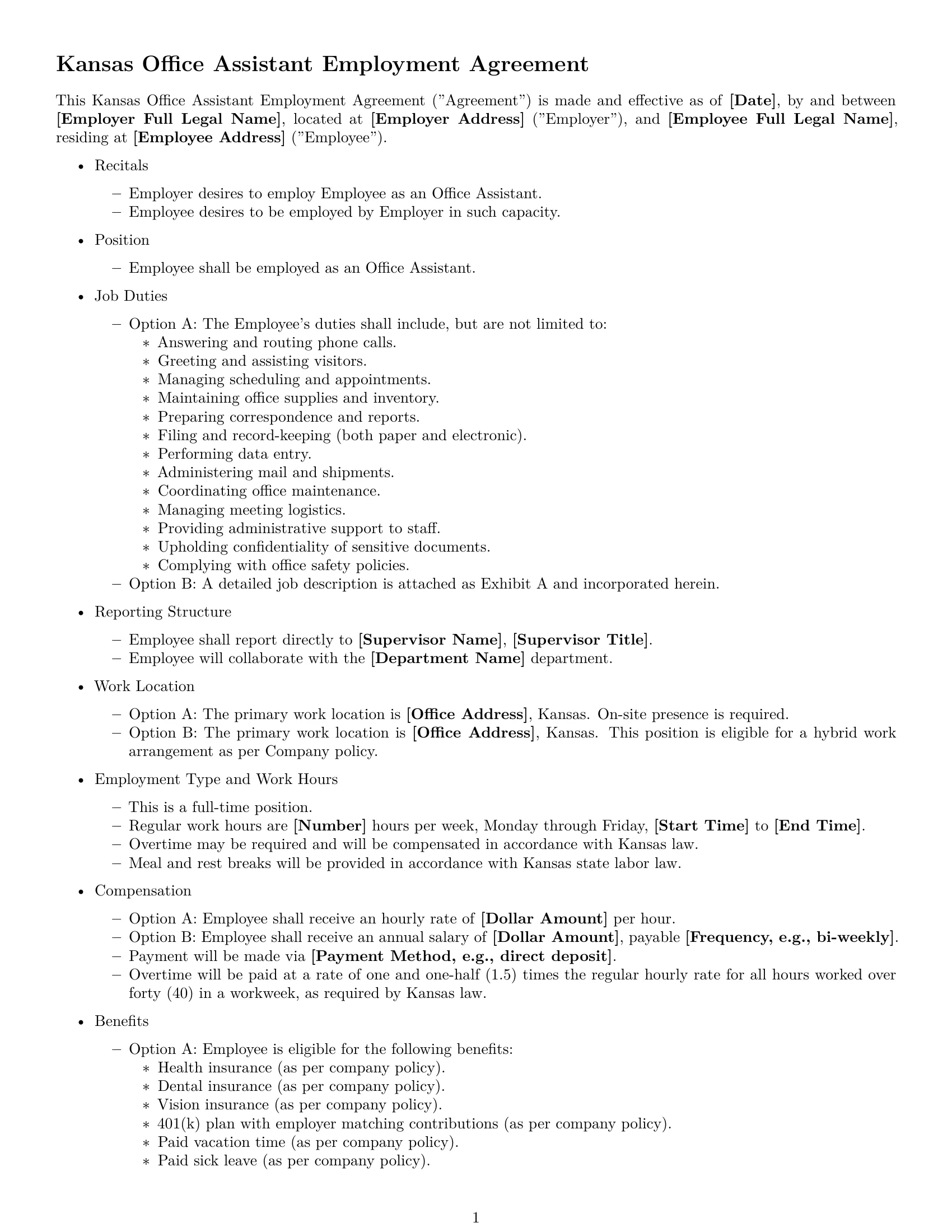 Preview page 1 of Free Kansas office assistant employment contract template