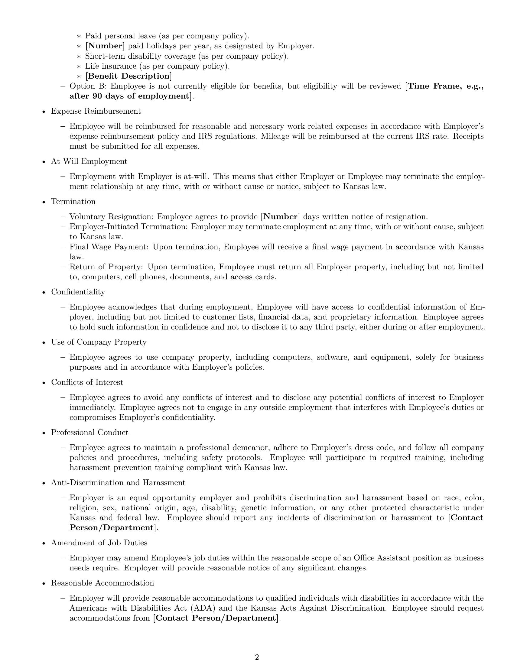 Preview page 2 of Free Kansas office assistant employment contract template