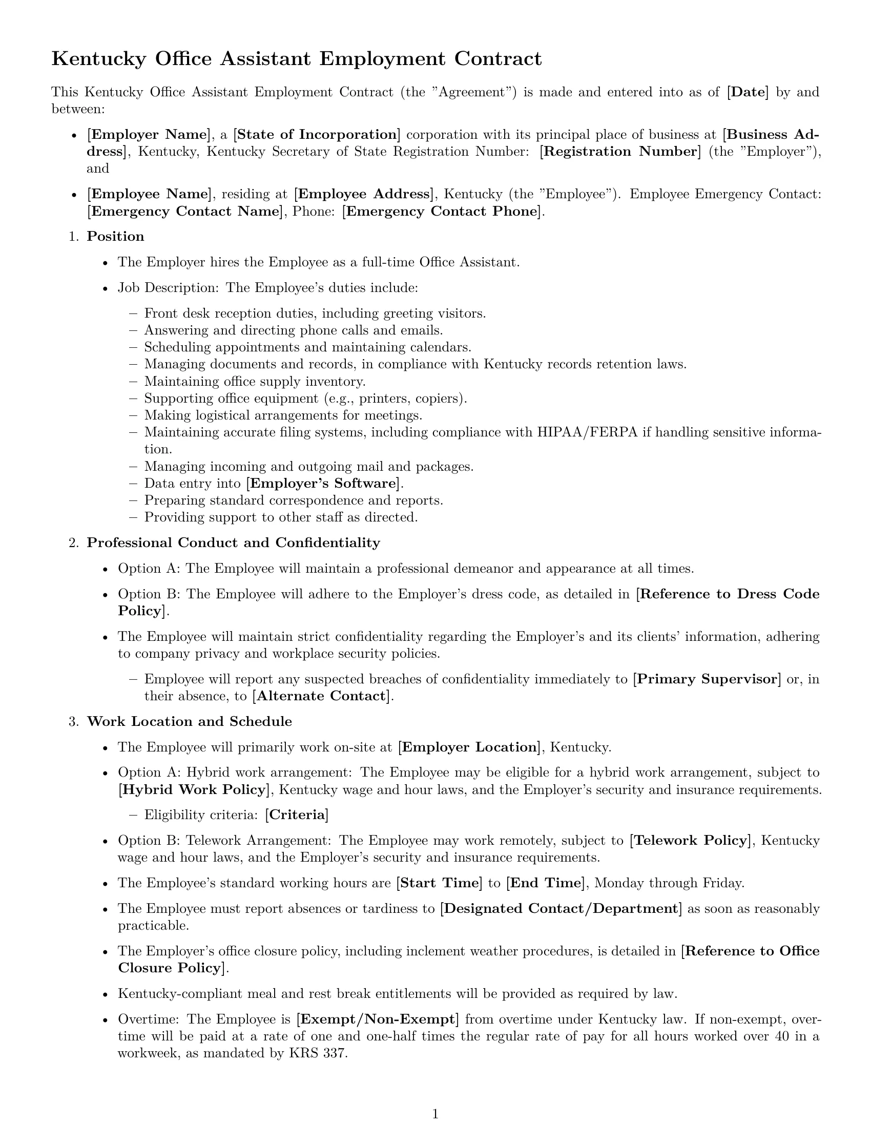Preview page 1 of Free Kentucky office assistant employment contract template