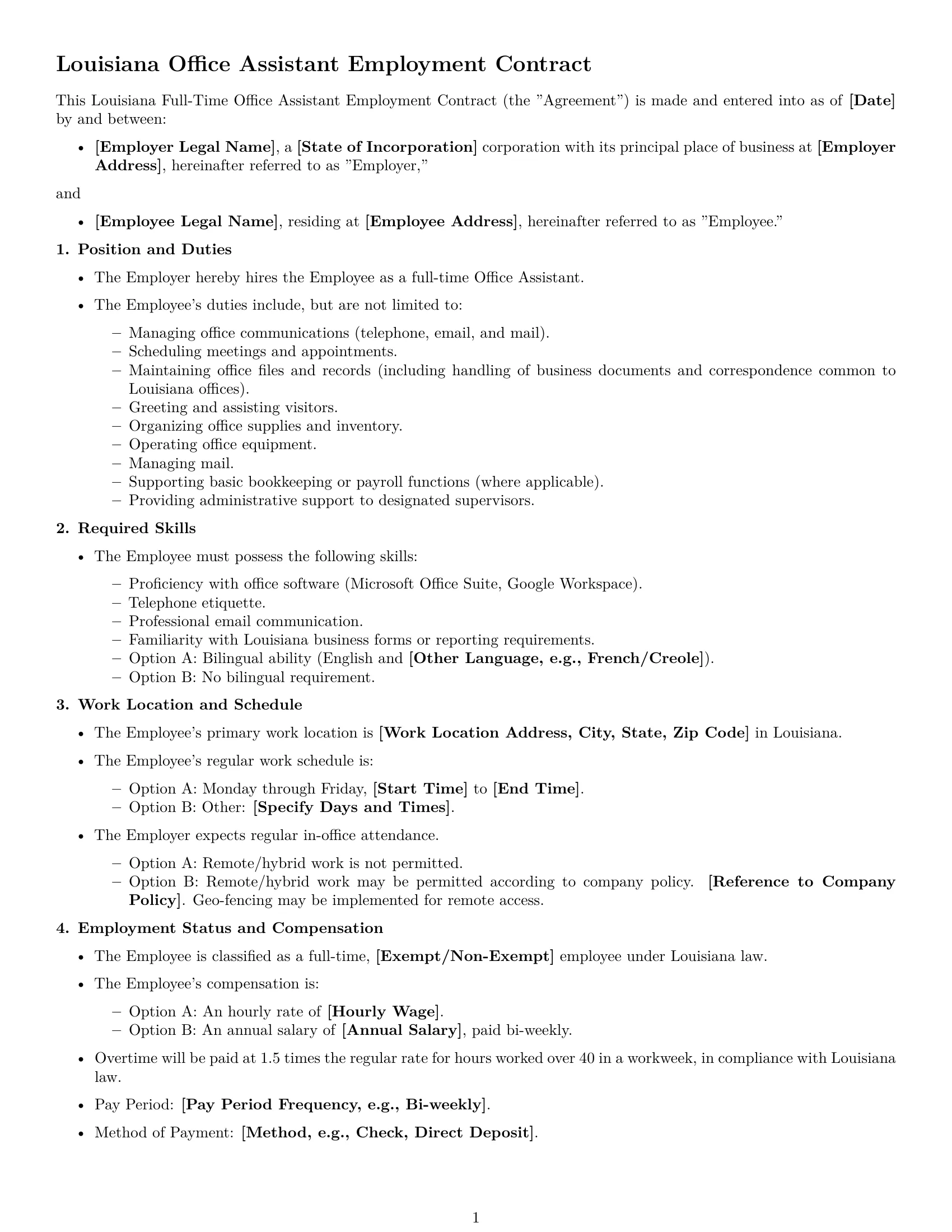 Preview page 1 of Free Louisiana office assistant employment contract template