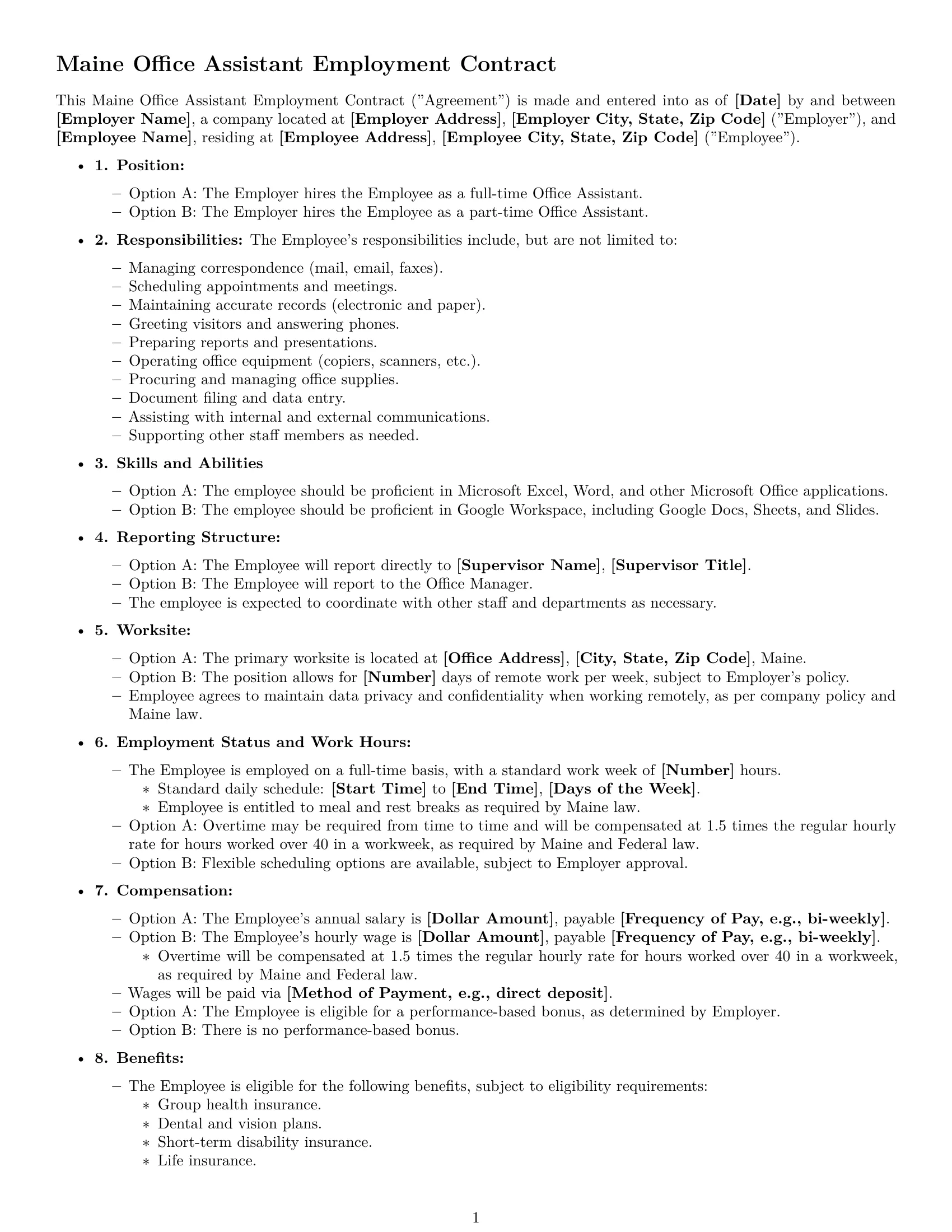 Preview page 1 of Free Maine office assistant employment contract template