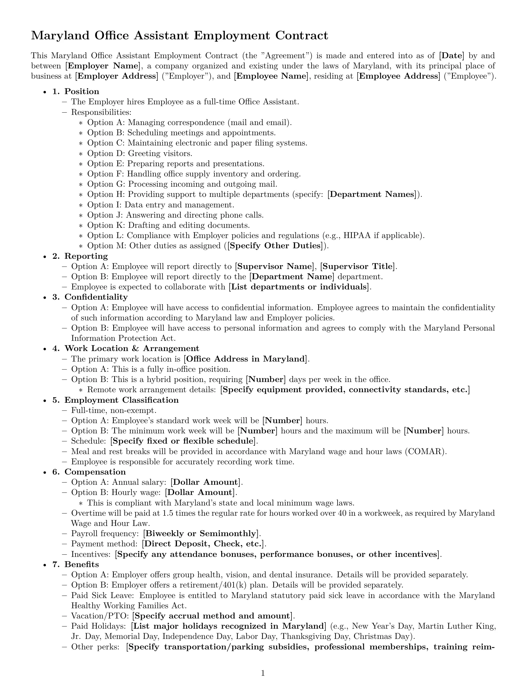 Preview page 1 of Free Maryland office assistant employment contract template