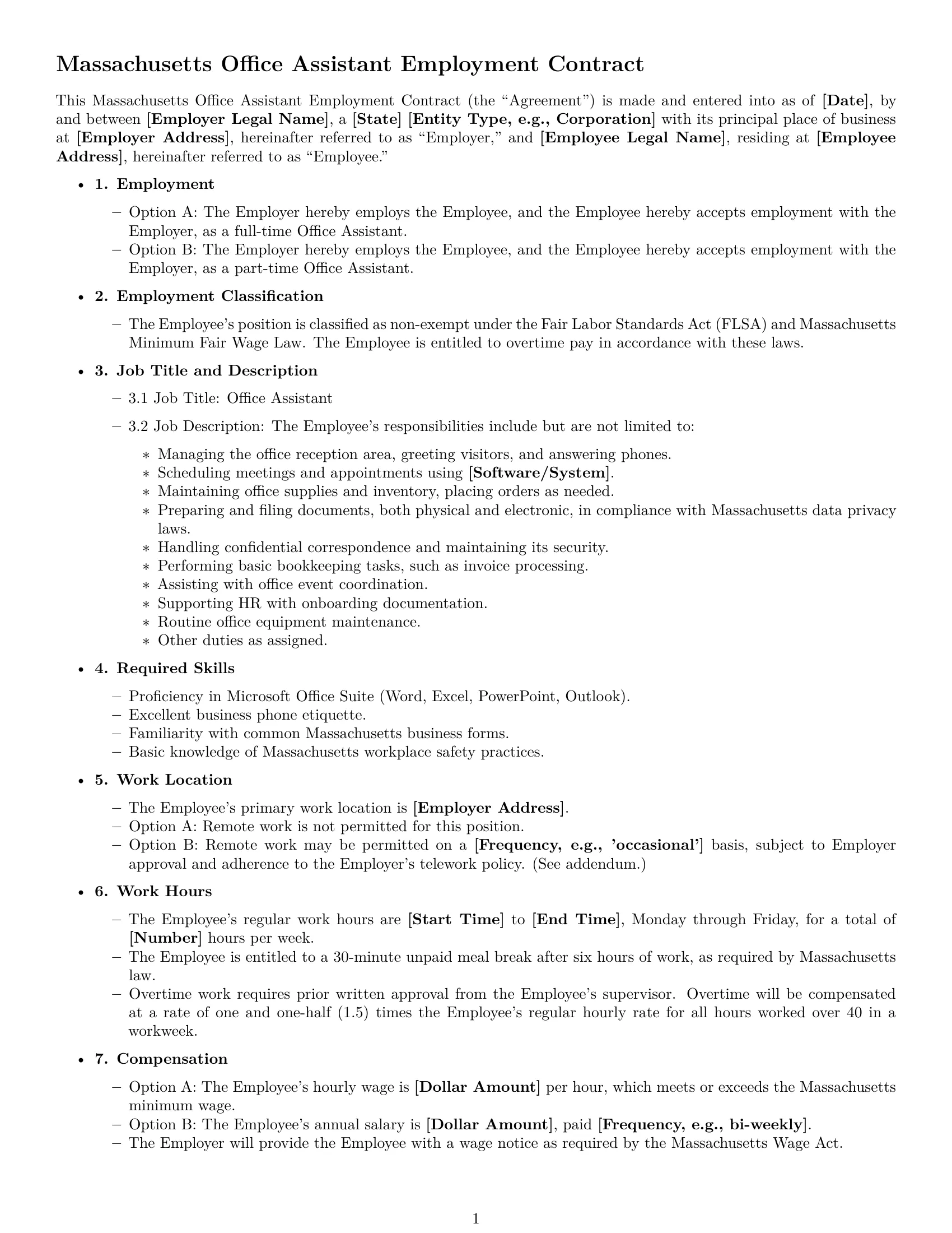 Preview page 1 of Free Massachusetts office assistant employment contract template