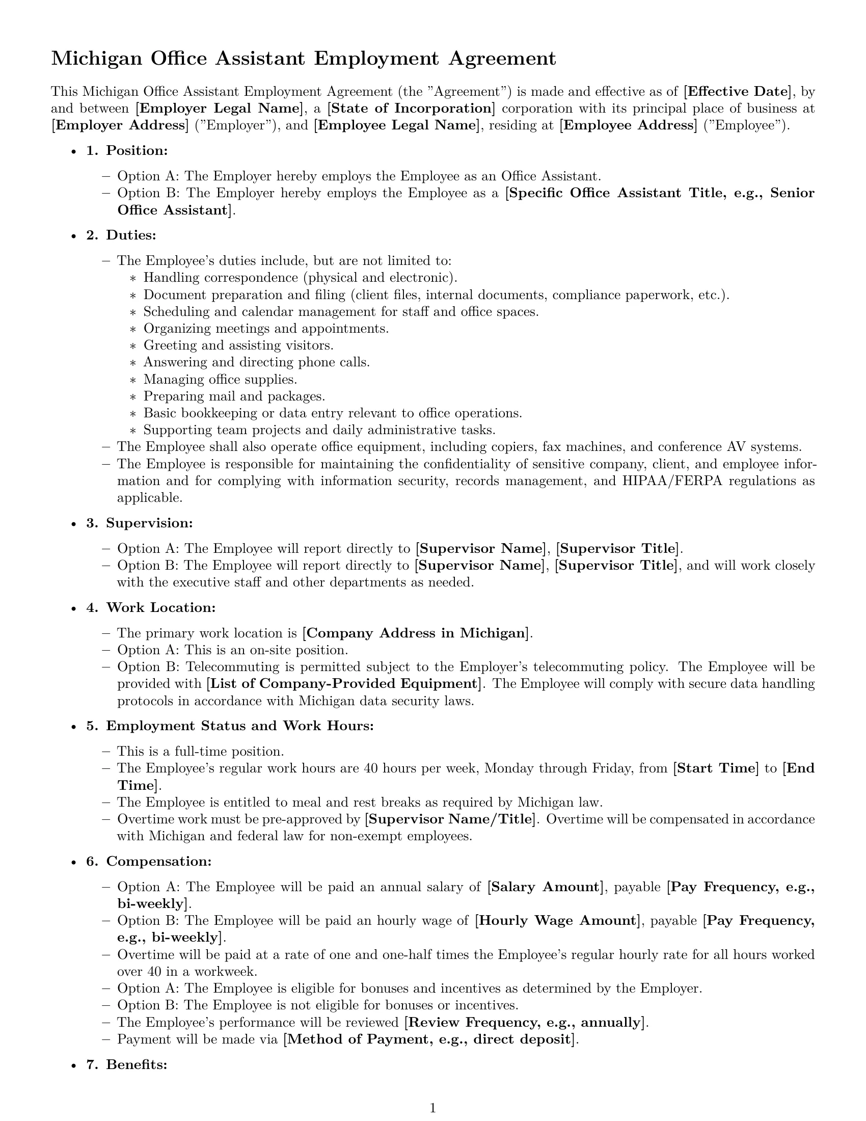 Preview page 1 of Free Michigan office assistant employment contract template