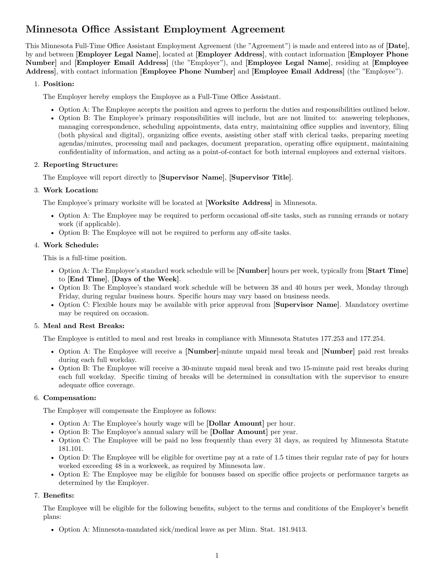 Preview page 1 of Free Minnesota office assistant employment contract template