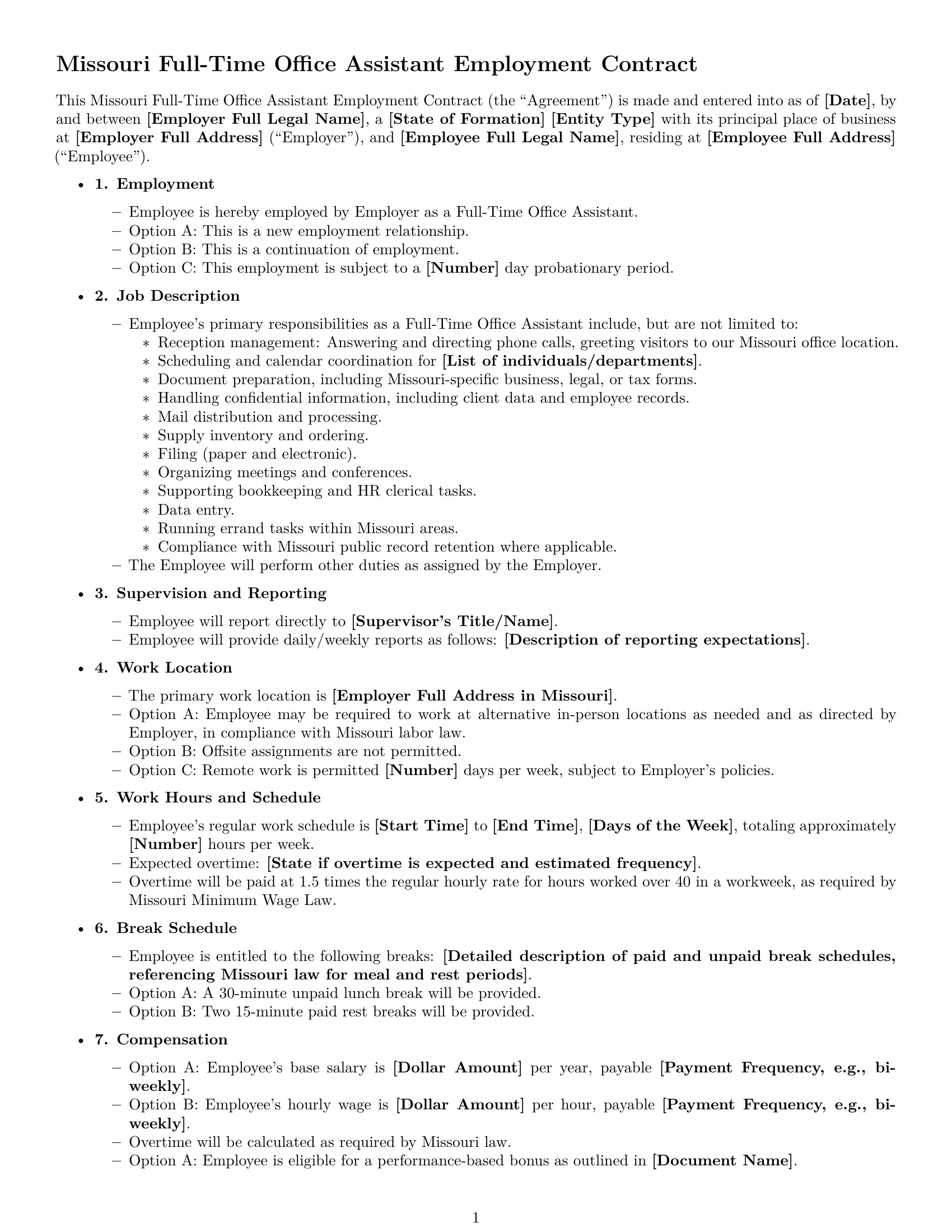 Preview page 1 of Free Missouri office assistant employment contract template