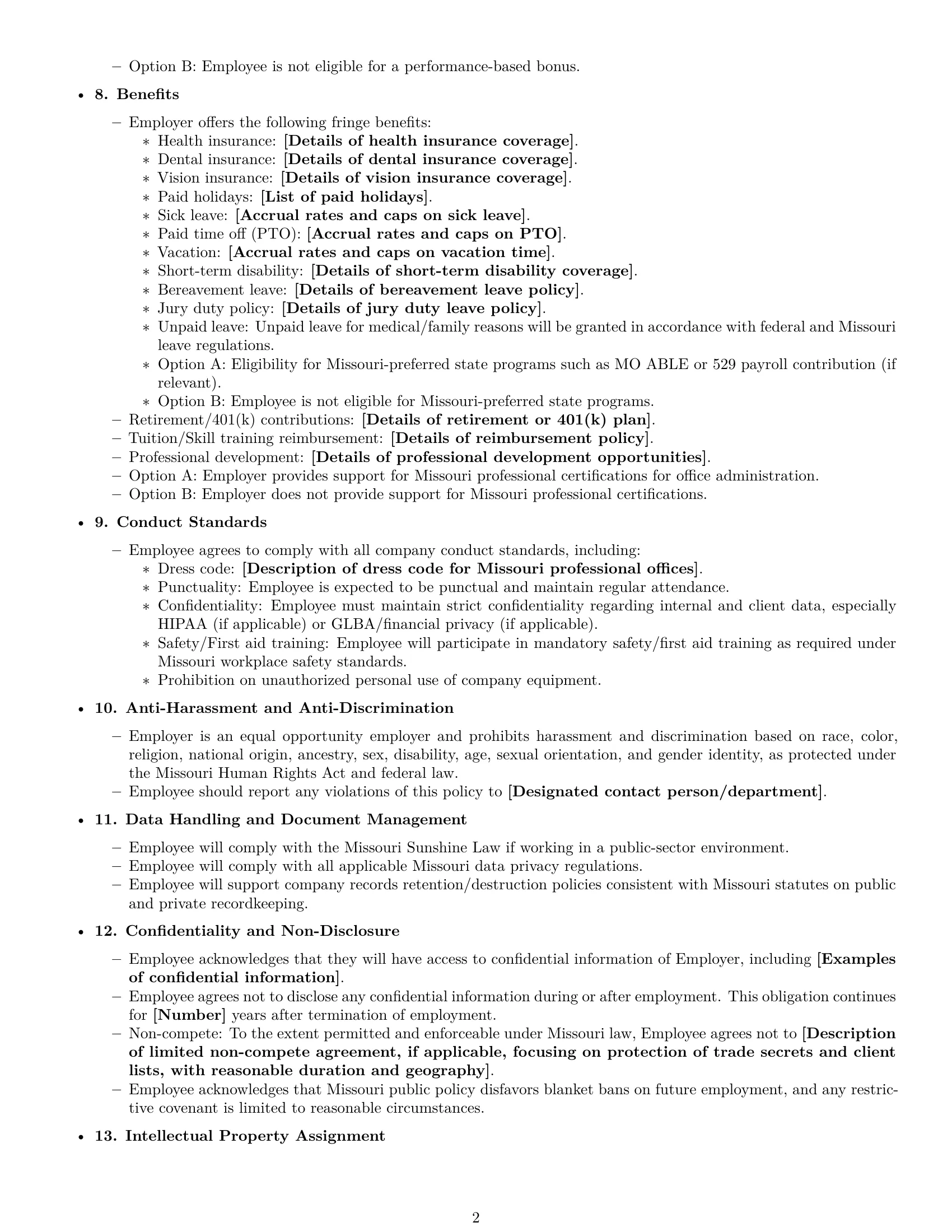Preview page 2 of Free Missouri office assistant employment contract template