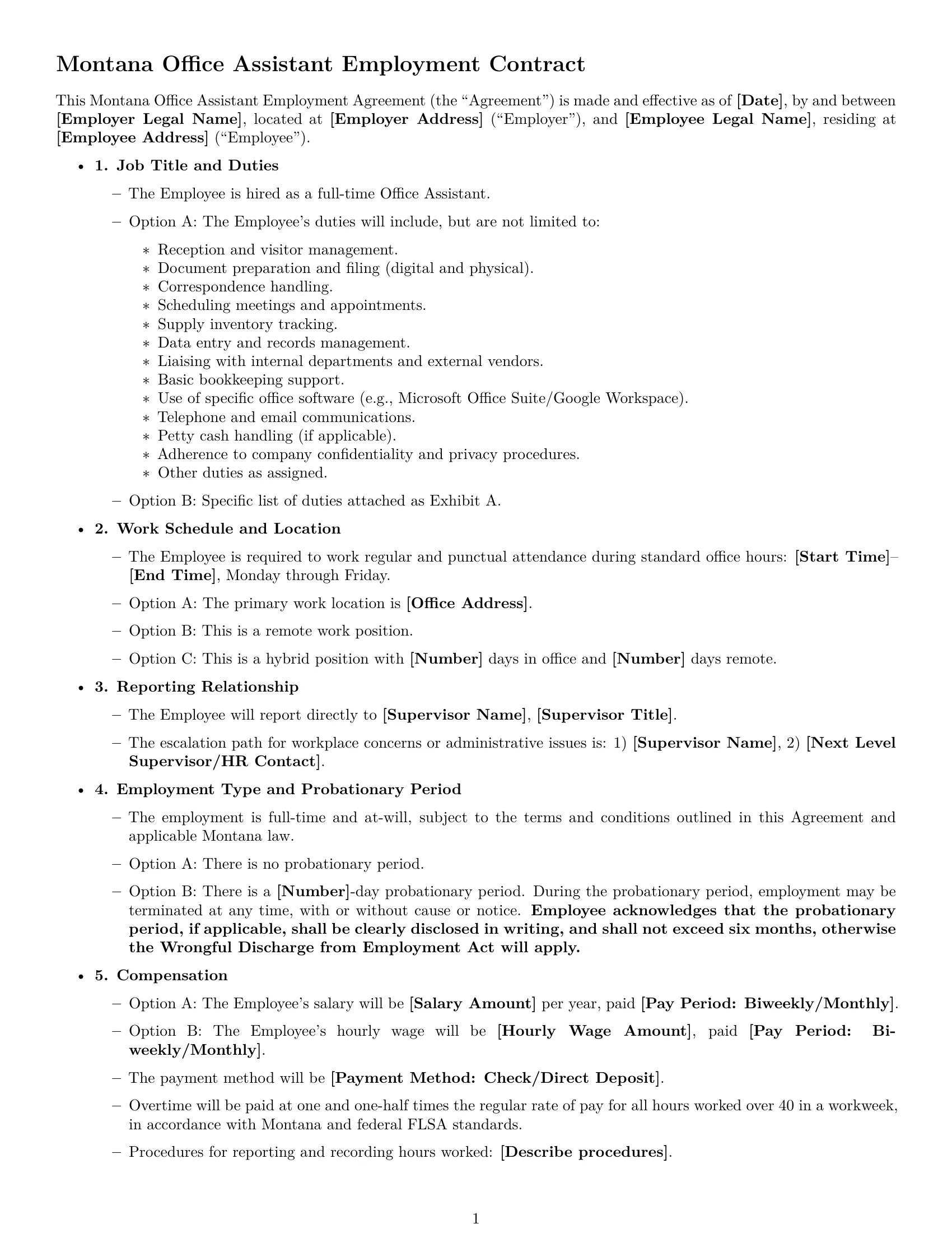 Preview page 1 of Free Montana office assistant employment contract template