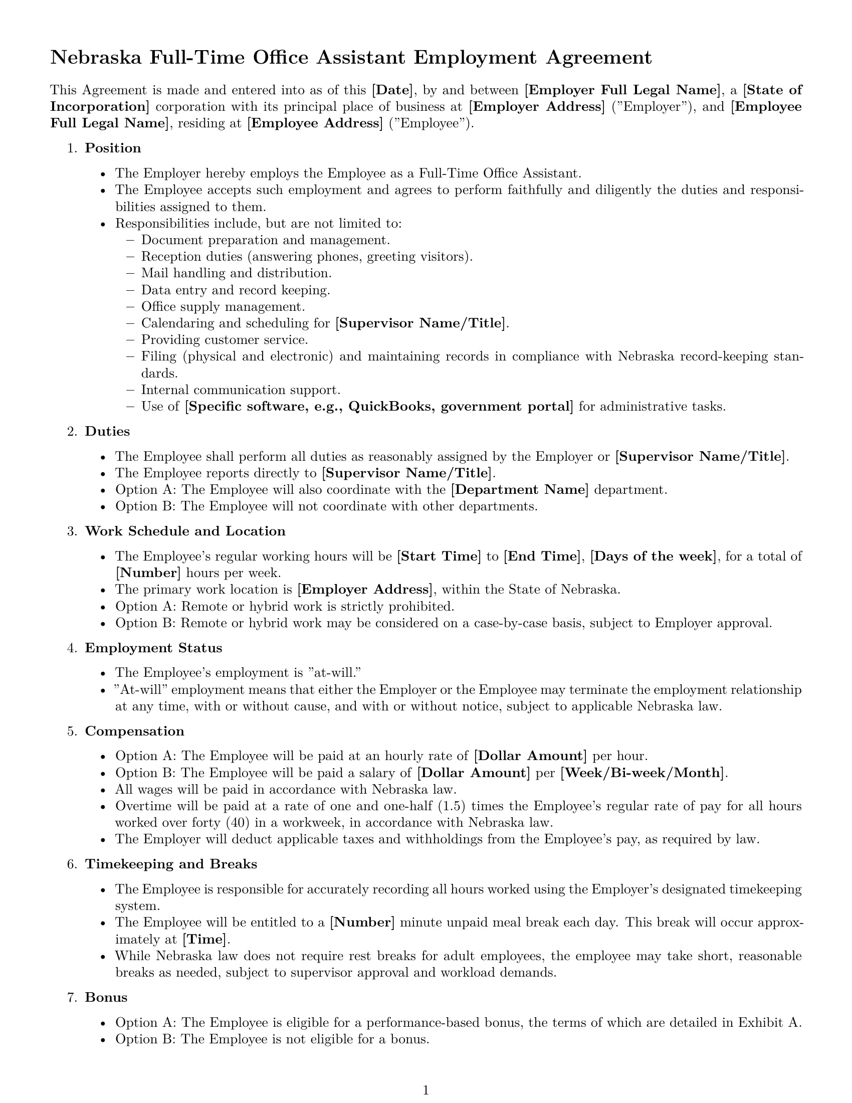 Preview page 1 of Free Nebraska office assistant employment contract template