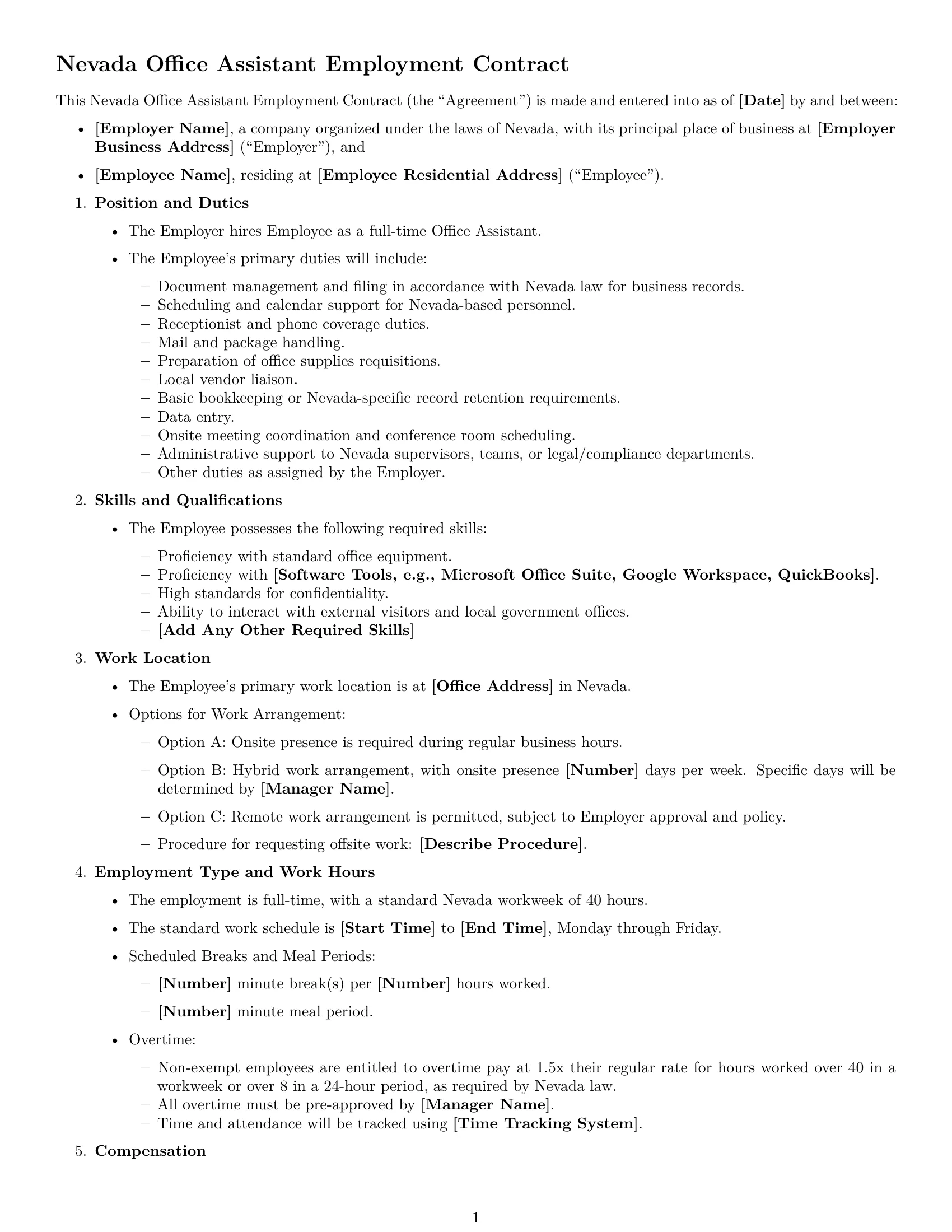 Preview page 1 of Free Nevada office assistant employment contract template