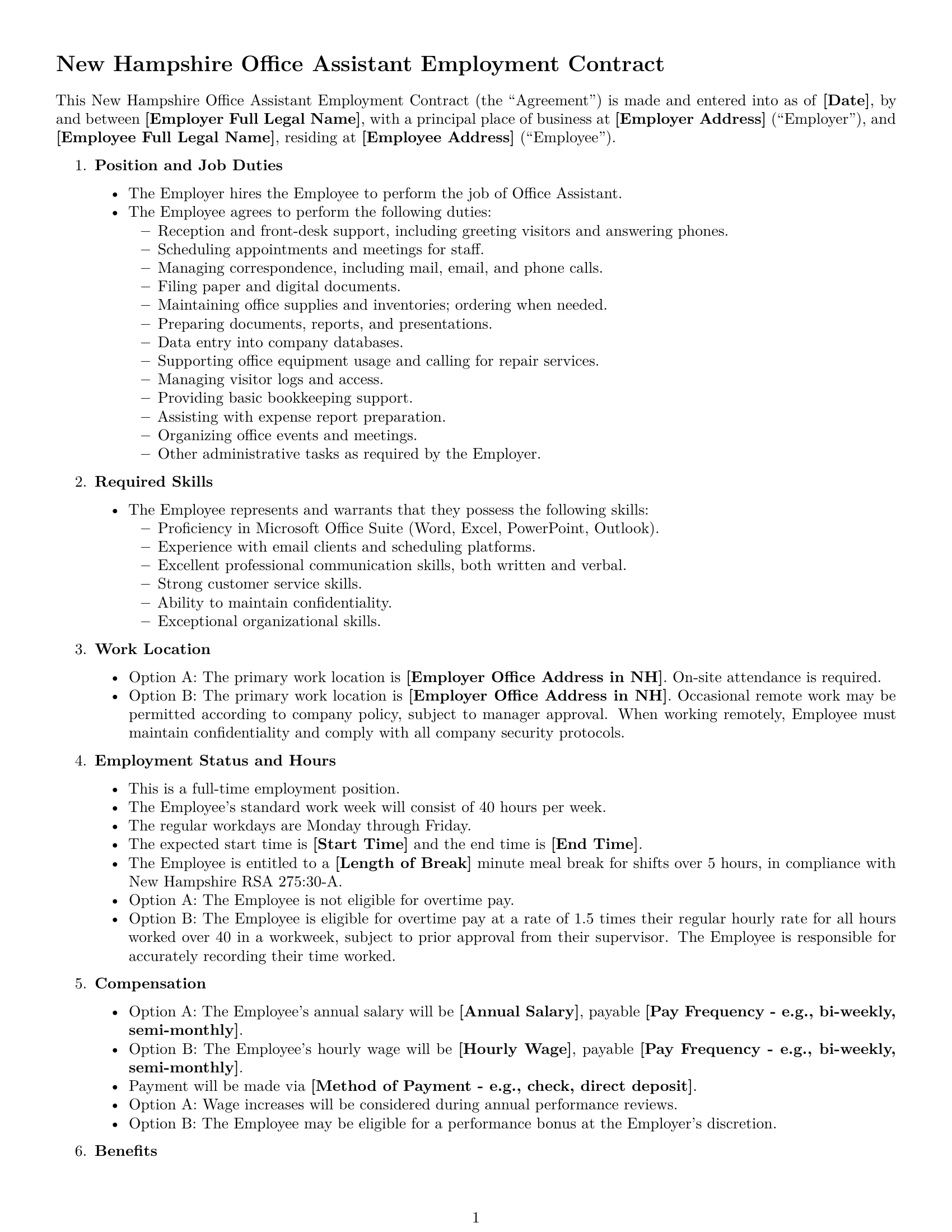 Preview page 1 of Free New Hampshire office assistant employment contract template