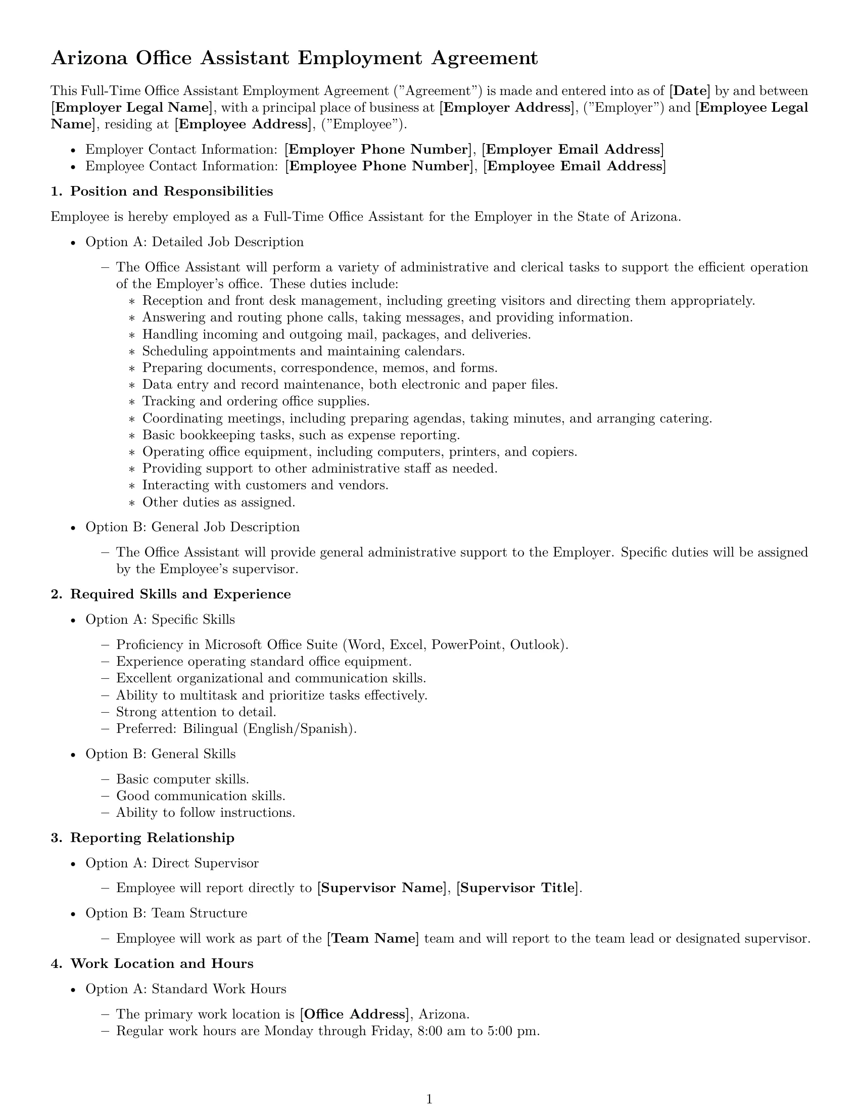 Preview page 1 of Free Arizona office assistant employment contract template