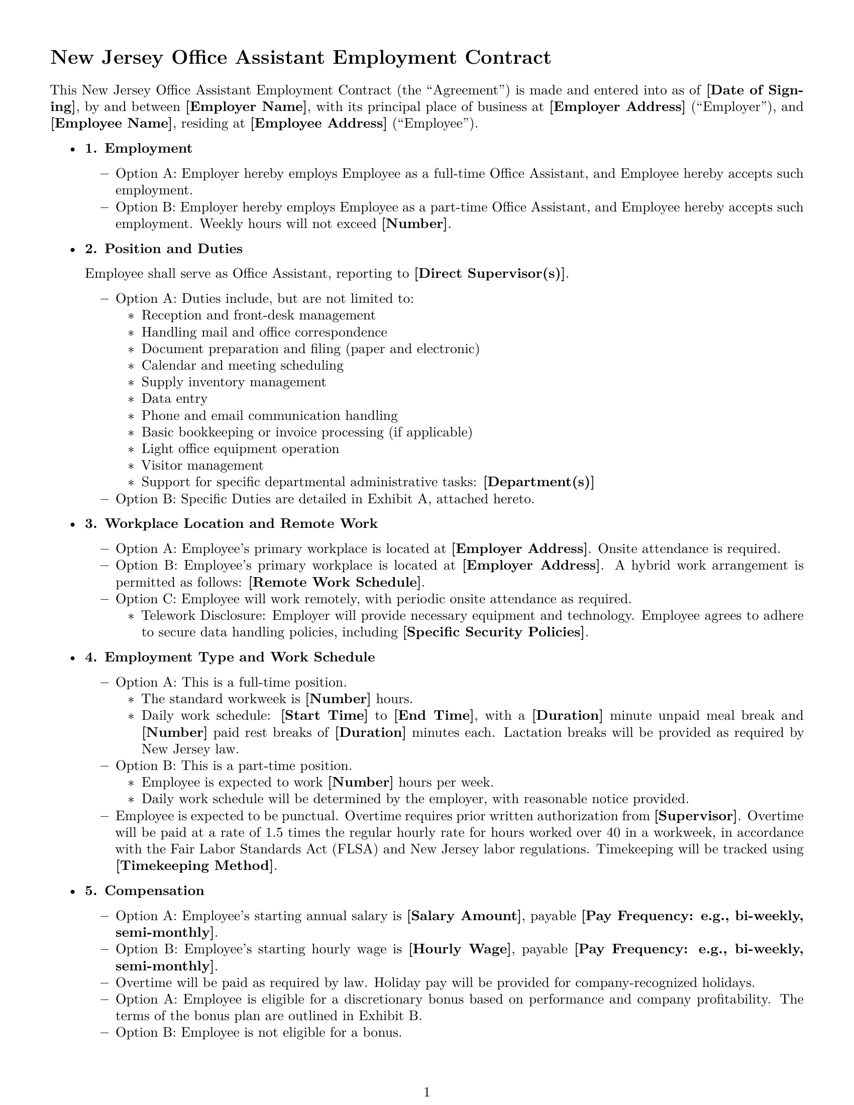 Preview page 1 of Free New Jersey office assistant employment contract template