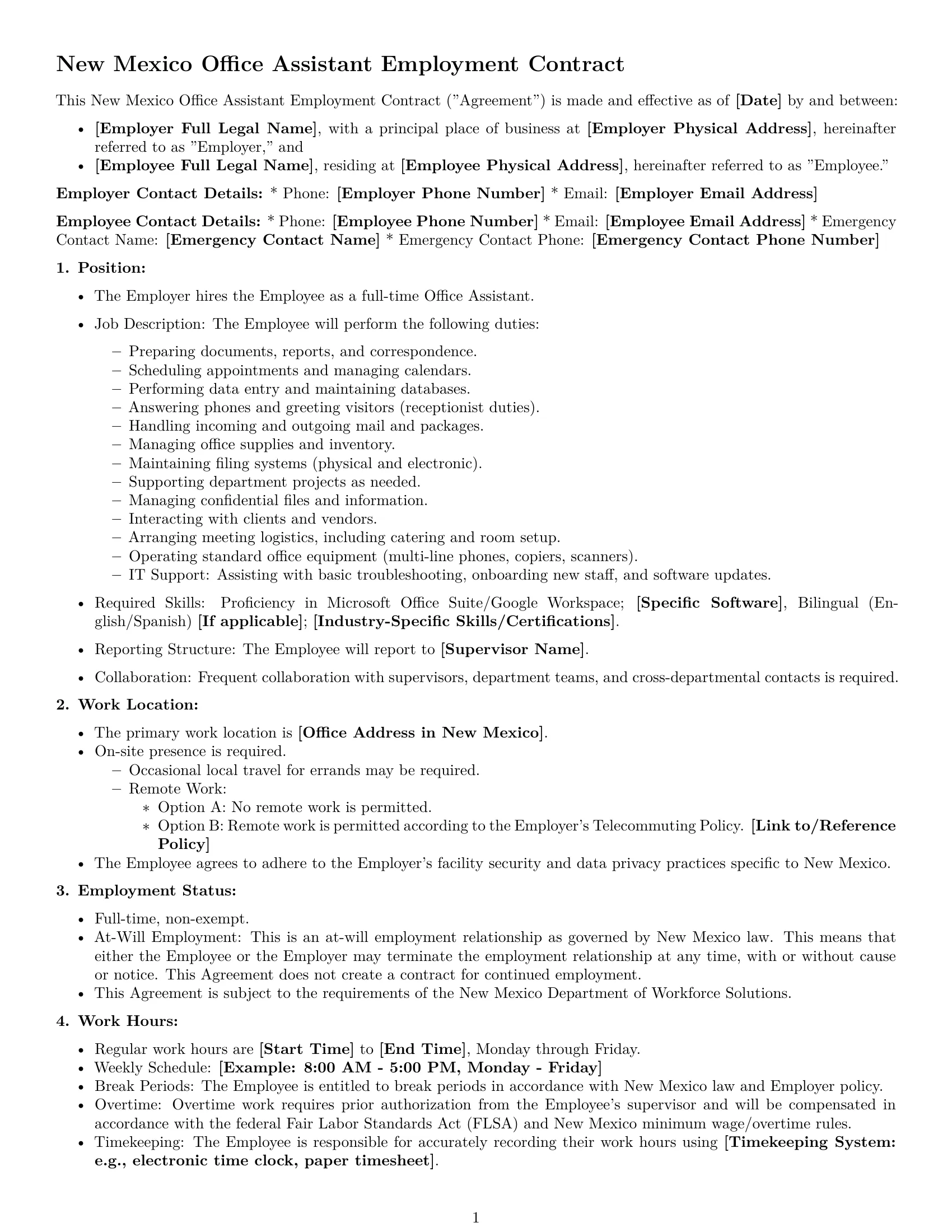 Preview page 1 of Free New Mexico office assistant employment contract template