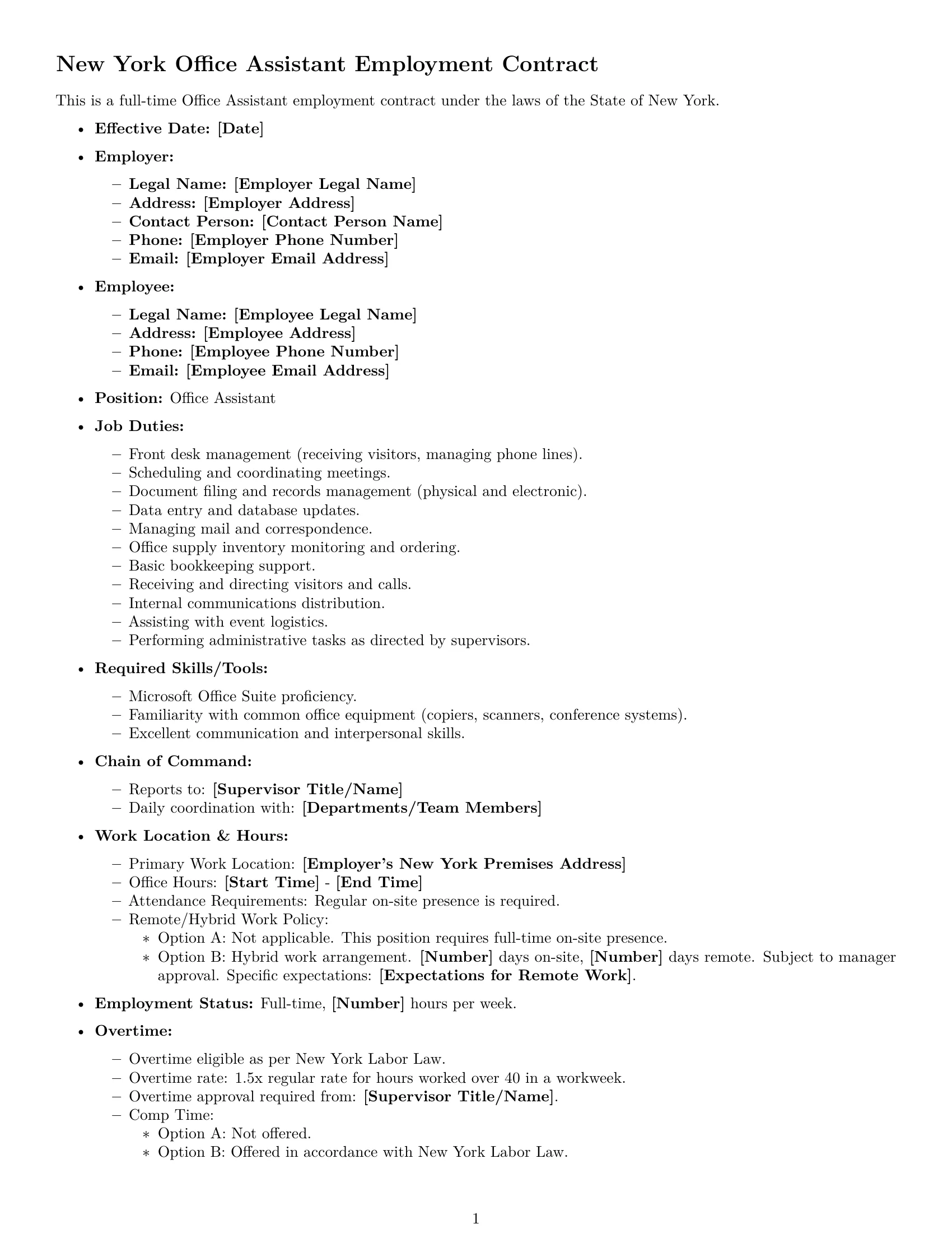 Preview page 1 of Free New York office assistant employment contract template
