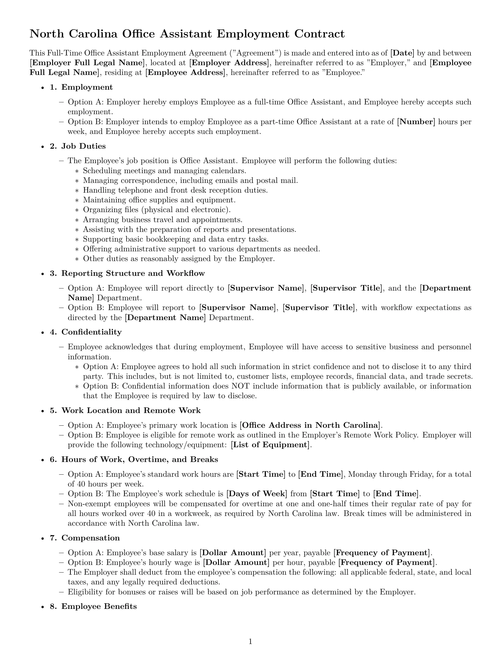 Preview page 1 of Free North Carolina office assistant employment contract template