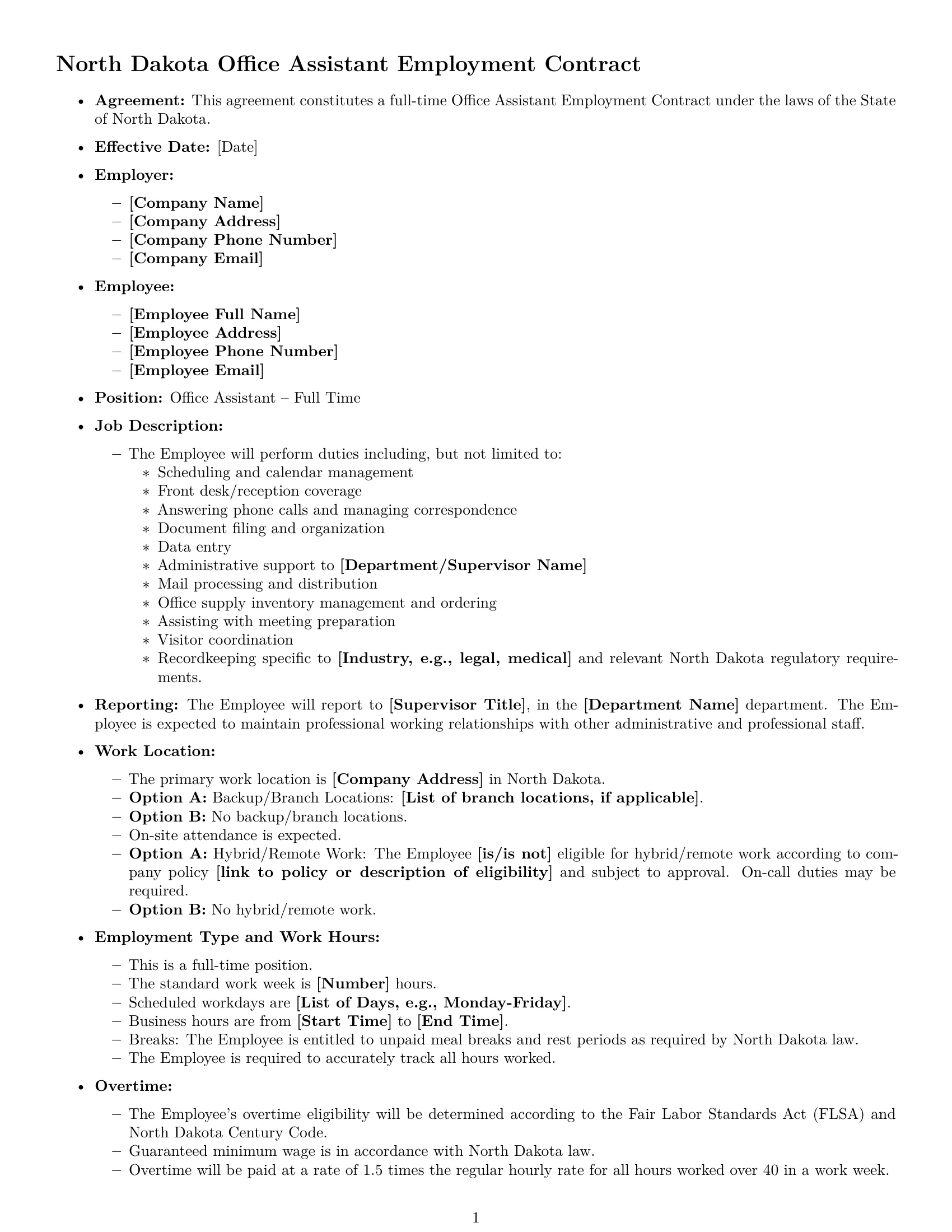 Preview page 1 of Free North Dakota office assistant employment contract template