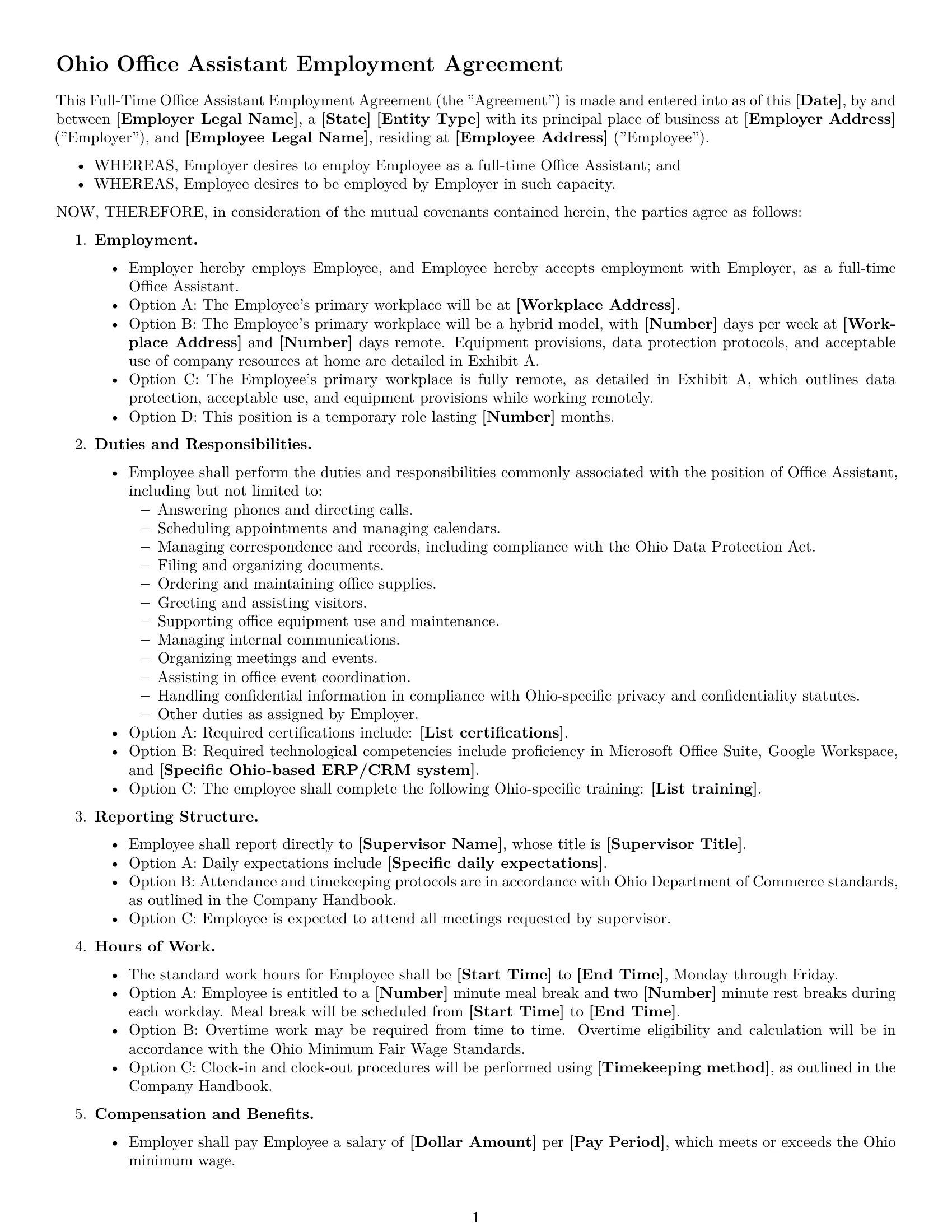 Preview page 1 of Free Ohio office assistant employment contract template