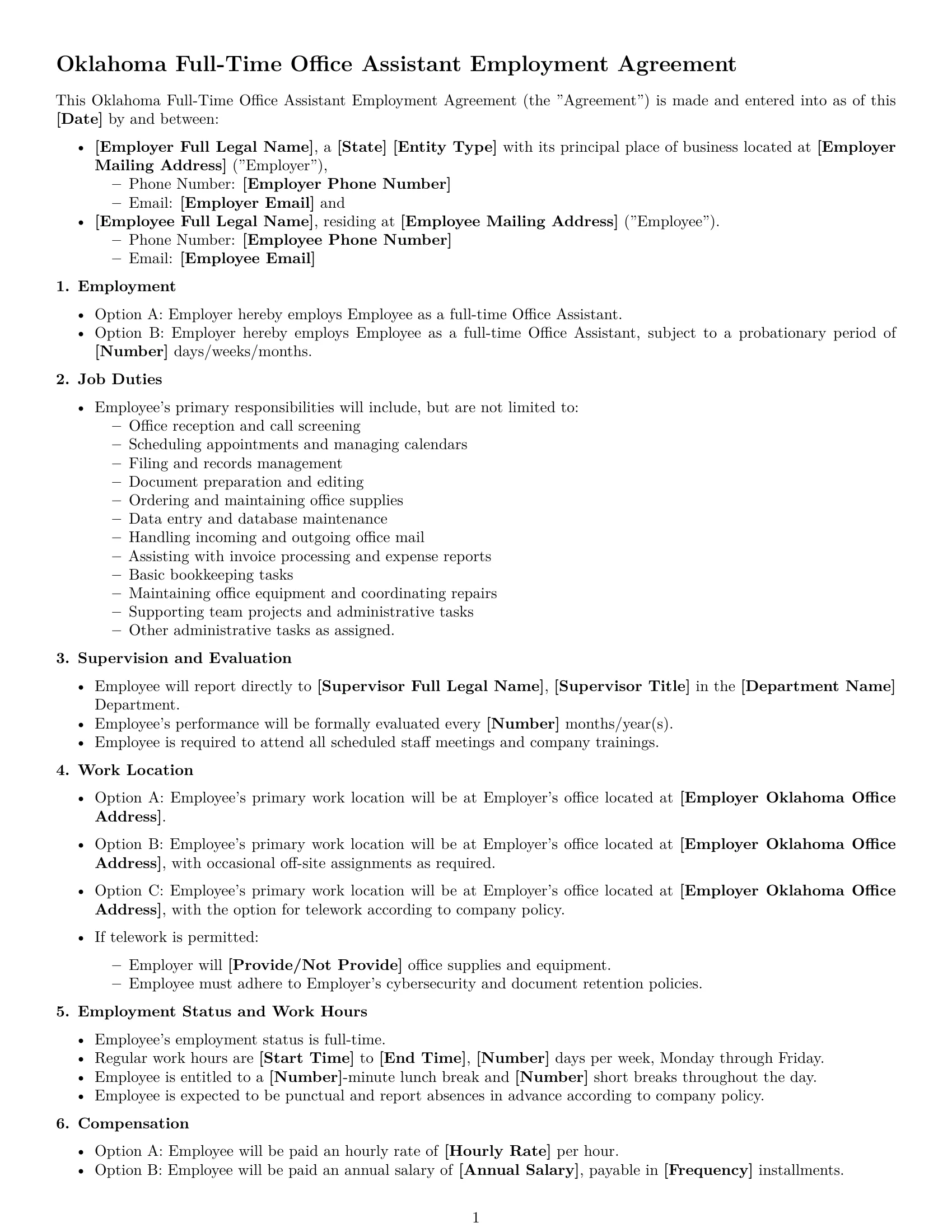 Preview page 1 of Free Oklahoma office assistant employment contract template
