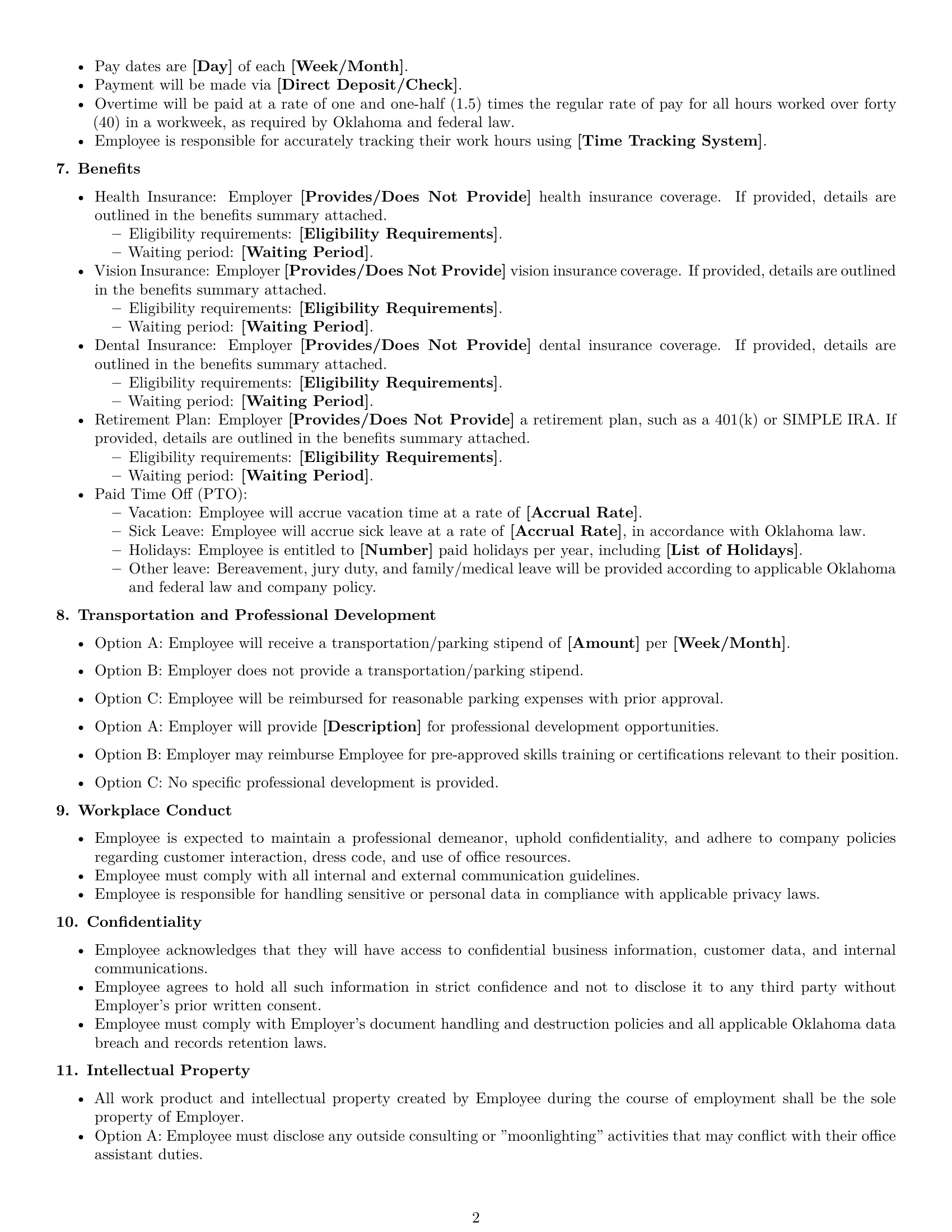 Preview page 2 of Free Oklahoma office assistant employment contract template