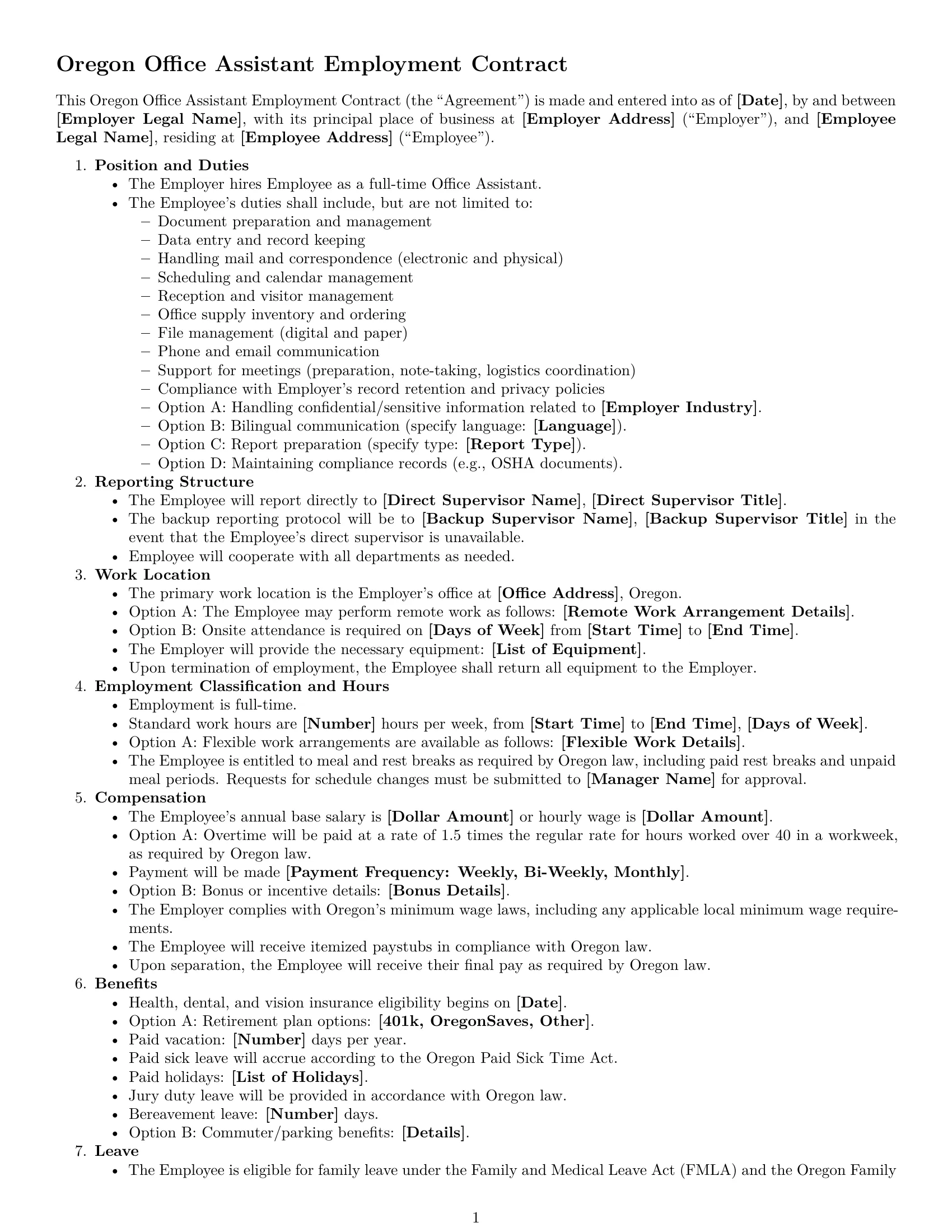 Preview page 1 of Free Oregon office assistant employment contract template