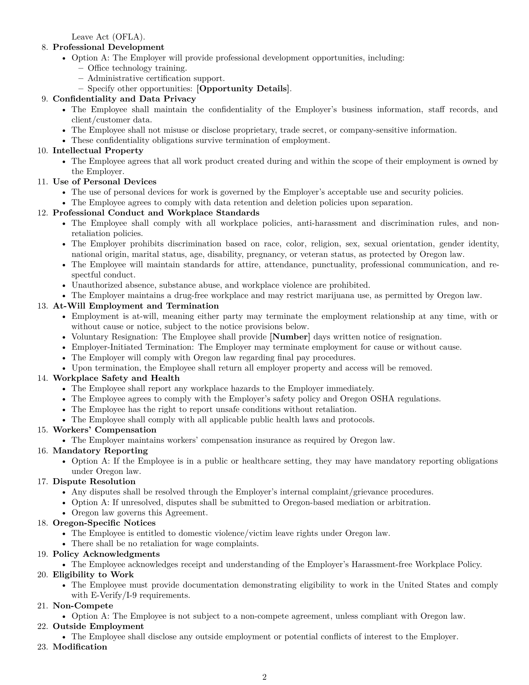 Preview page 2 of Free Oregon office assistant employment contract template