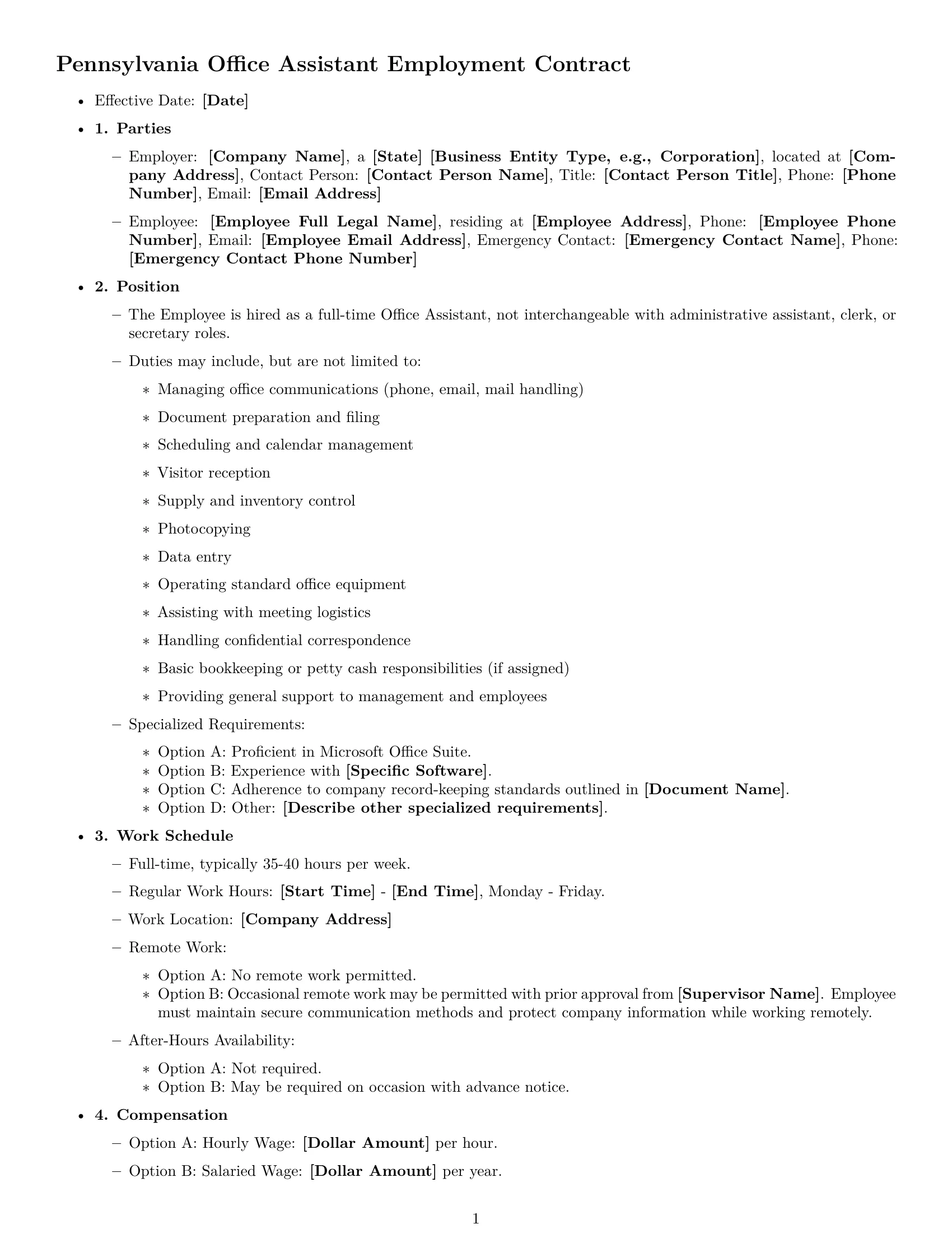 Preview page 1 of Free Pennsylvania office assistant employment contract template