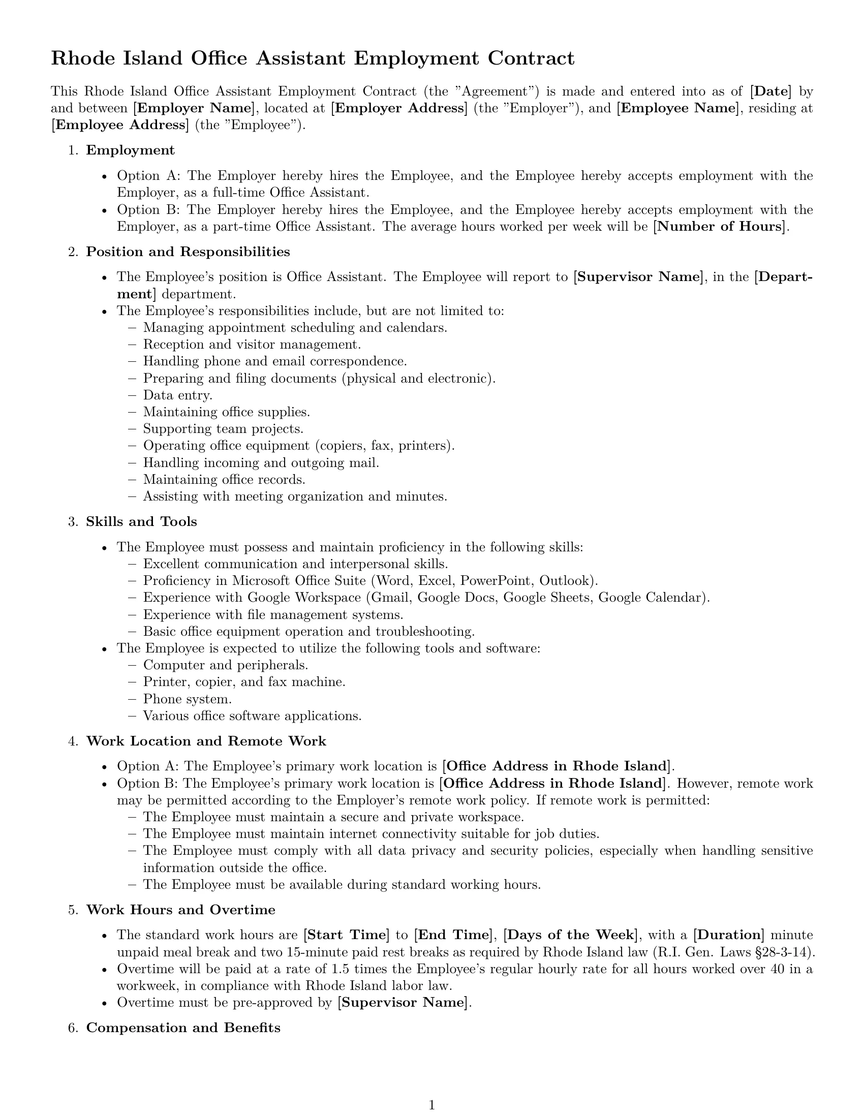 Preview page 1 of Free Rhode Island office assistant employment contract template